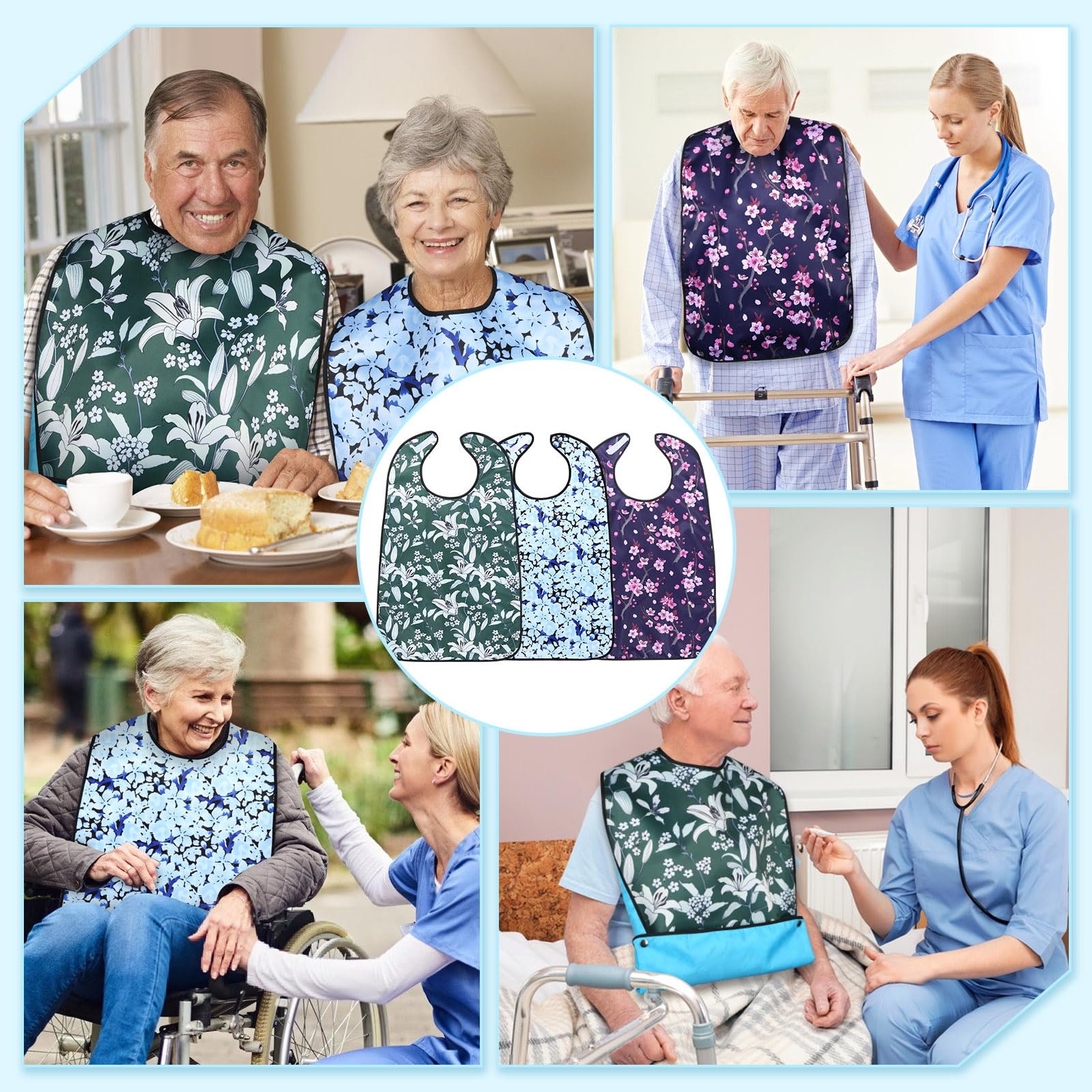 Lot de 3 Bavoirs Pour Adultes Avec Bac Récupérateur, Protection Des Vêtements Avec Fermeture Velcro, Imperméable, Pour Femmes, Personnes Âgées Et Patients