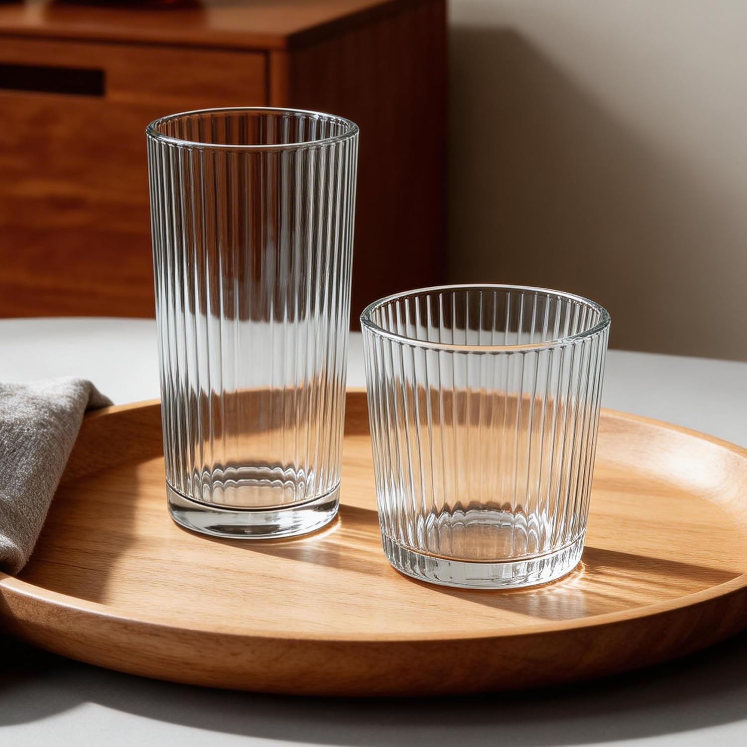 12PCS Ribbed Drinking Glasses - 6 Highball Glasses 8oz， 6 Rocks Glass Cups 11oz， Ribbed Cocktail Glasses, Ideal for Wine, Whiskey, Ice Coffee Cup, Water, Juics, Beer, Mixed Drinkware