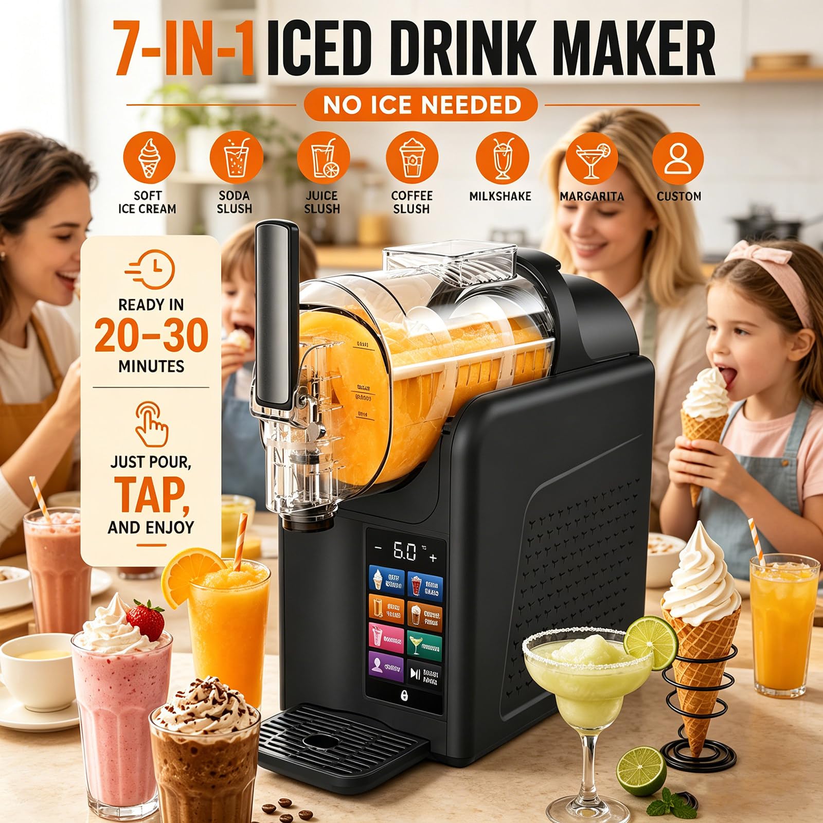 Máquina De Granizados Para El Hogar, Para Helado Suave, Sin Hielo, 7 Programas Preestablecidos, Autolimpieza, Congelación Rápida, Para Granizados, Frappés Y Smoothies. Margaritas SingleBowl-Black