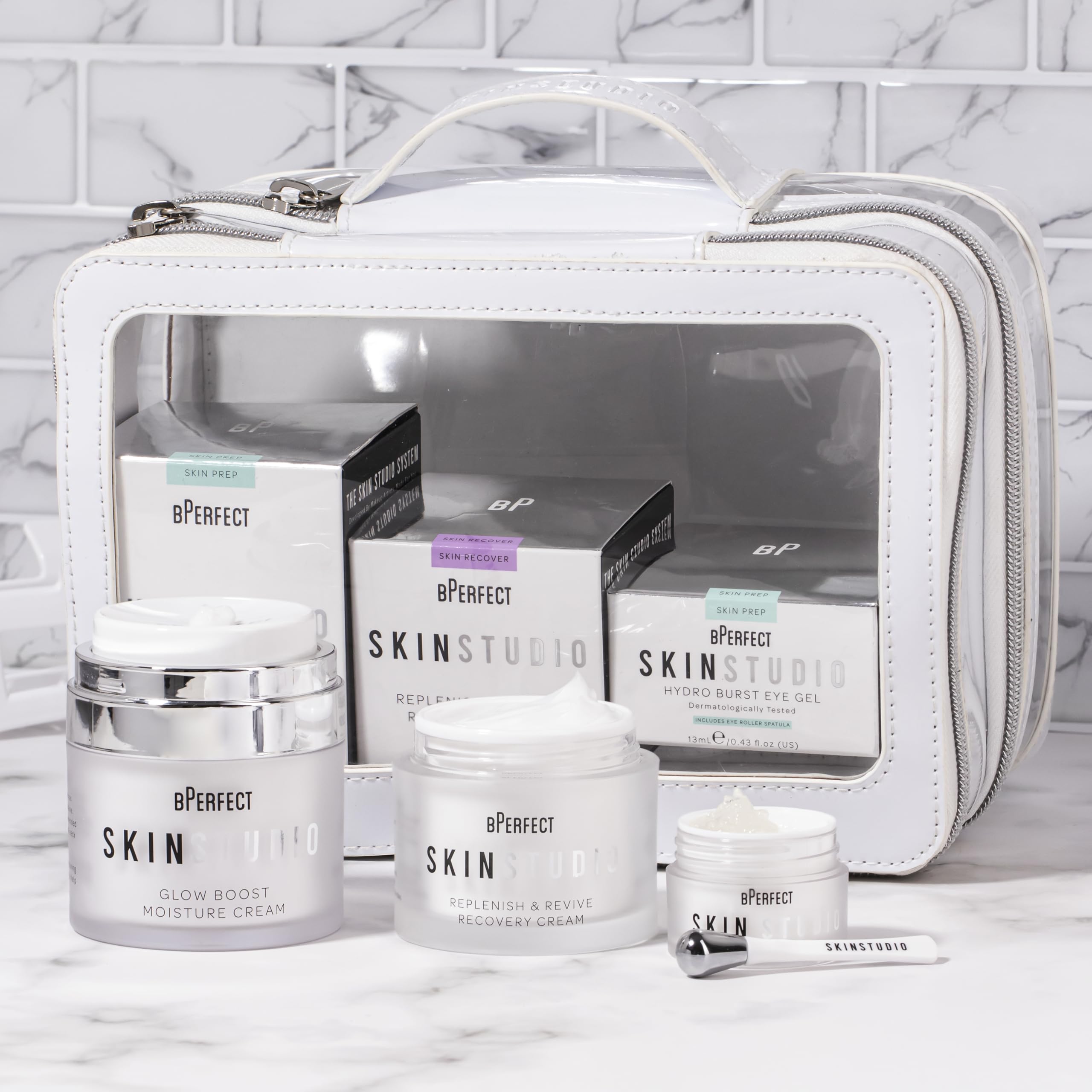 BPerfect Skin Studio Double-Layered Travel Bag, Sleek White PU Leather Cosmetic Case with Transparent Windows - Image 4