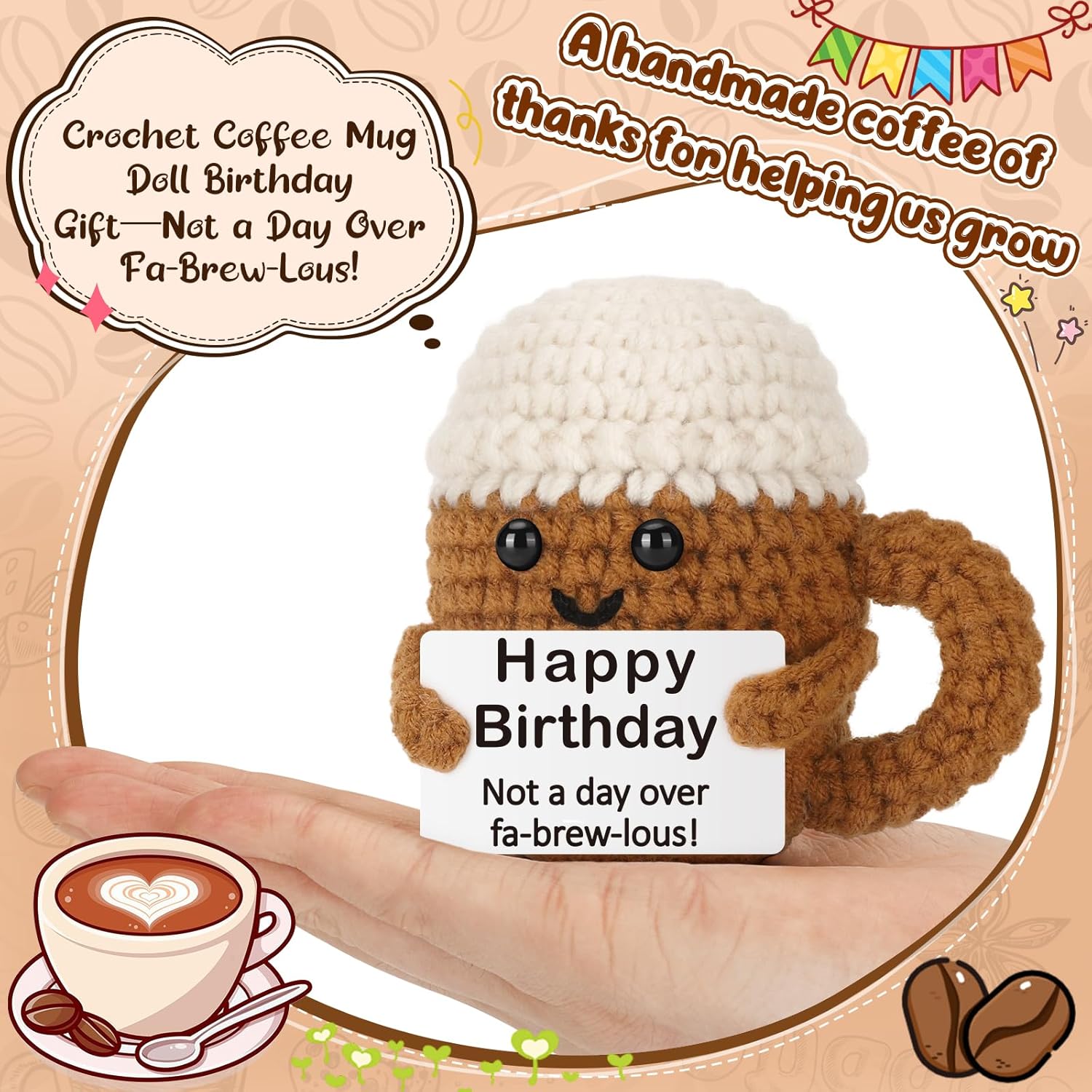 Xinezaa Funny Crochet Coffee Mug Gifts, Happy Birthday Gift for Coffee Lovers Friends Coworkers Dad Son Daughter, Unique Handmade Crochet for Women Men for Office Desk Decorations - Image 2
