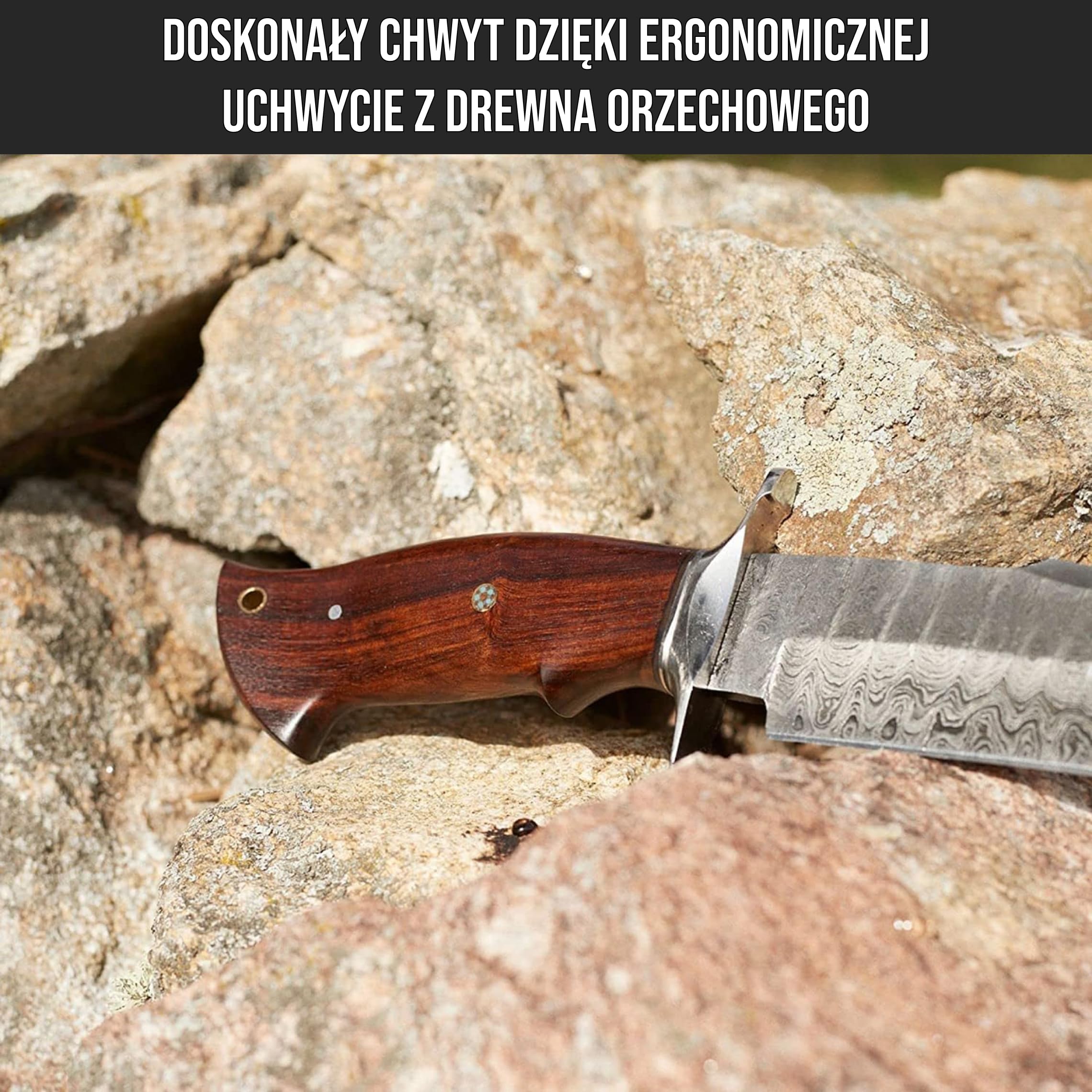 BIGCAT ROAR Ręcznie robiony nóż myśliwski z damasceńskiej stali - Nóż stałoklingowy z pochewką i uchwytem z drewna orzechowego - 13,2″ długości NOŻ MYŚLIWSKI EDC - Raptor