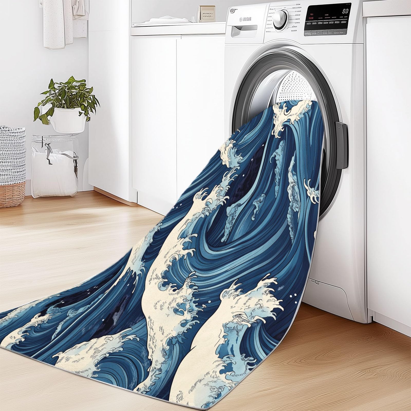 Tapis Poils Ras Motif Vagues À La Japonaise Tapis Salon Chambre Adulte Salle à Manger Bureau Tapis Imprimé à Poil Court Doux Fin Lavable 140 x 200 cm, Bleu Blanc