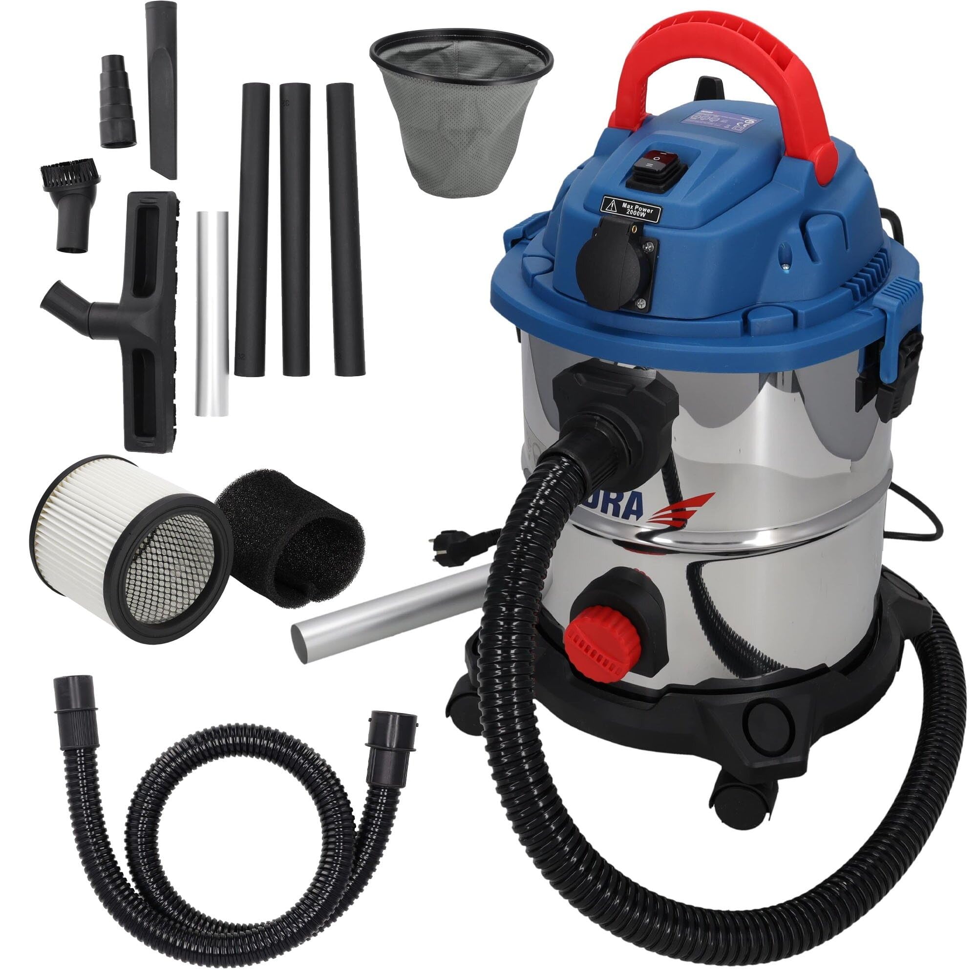 DEDRA DED6597 Aspirador Agua y Polvo 1600W 5 en 1 - Yeso/ceniza/funcionamiento en seco/operación húmeda/soplador, filtro vibrador