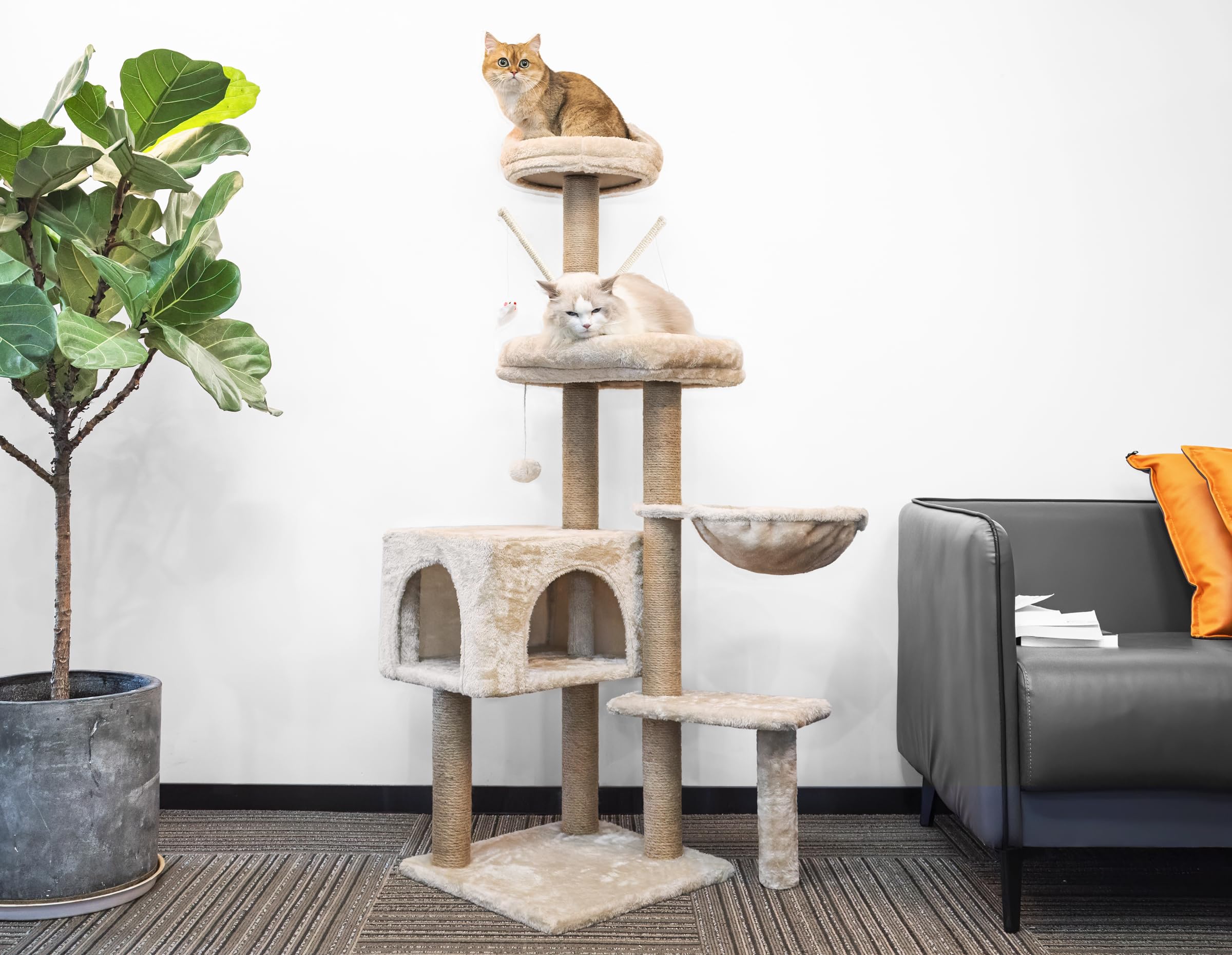 Kratzbaum Katzenbaum, 145 cm hoch, Katzenkratzbaum mit Kratzsäulen, Katzenhöhle, Katzenspielzeug, Katzenkorb für Katzen Kätzchen, Cremeweiß
