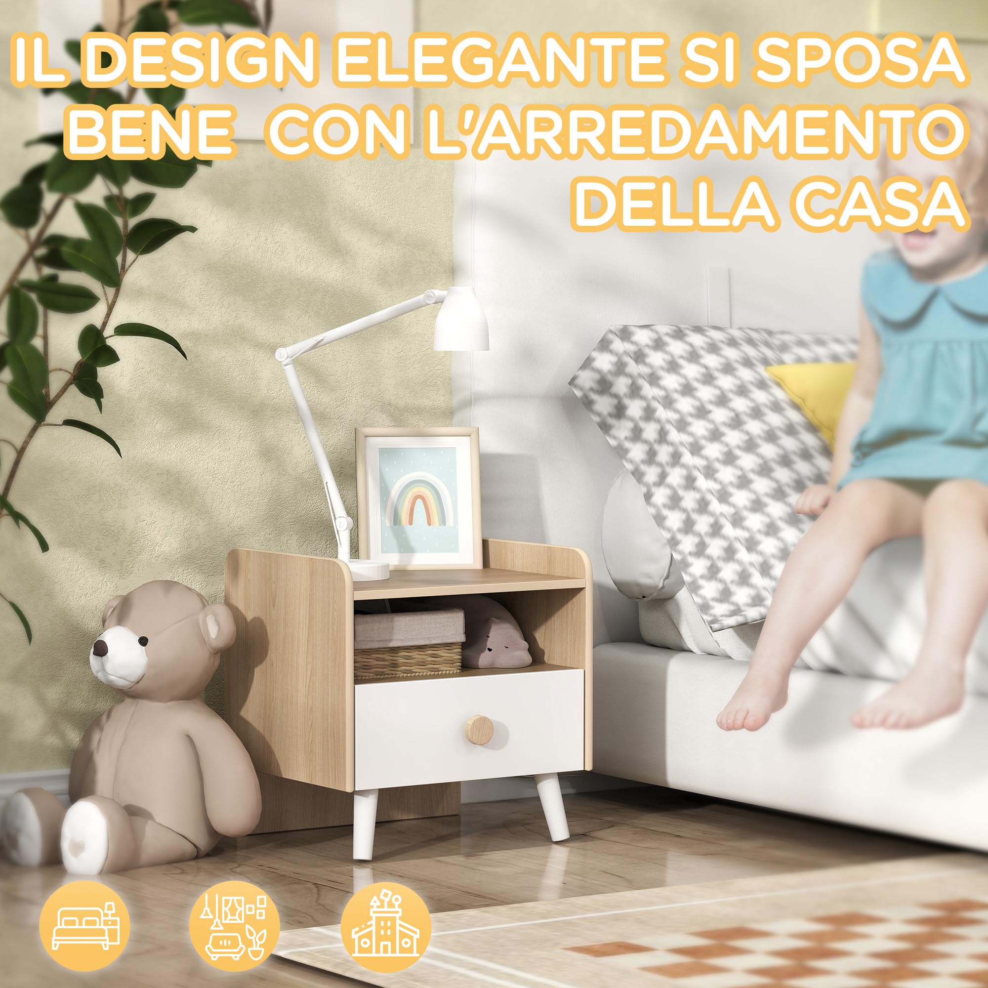 AIYAPLAY Comodino con Cassetto per Bambini 3-10 Anni dal Design Minimal, Comodino per Camera da Letto in MDF e Legno di Pino, 40x32.5x40 cm, Bianco e Legno Naturale