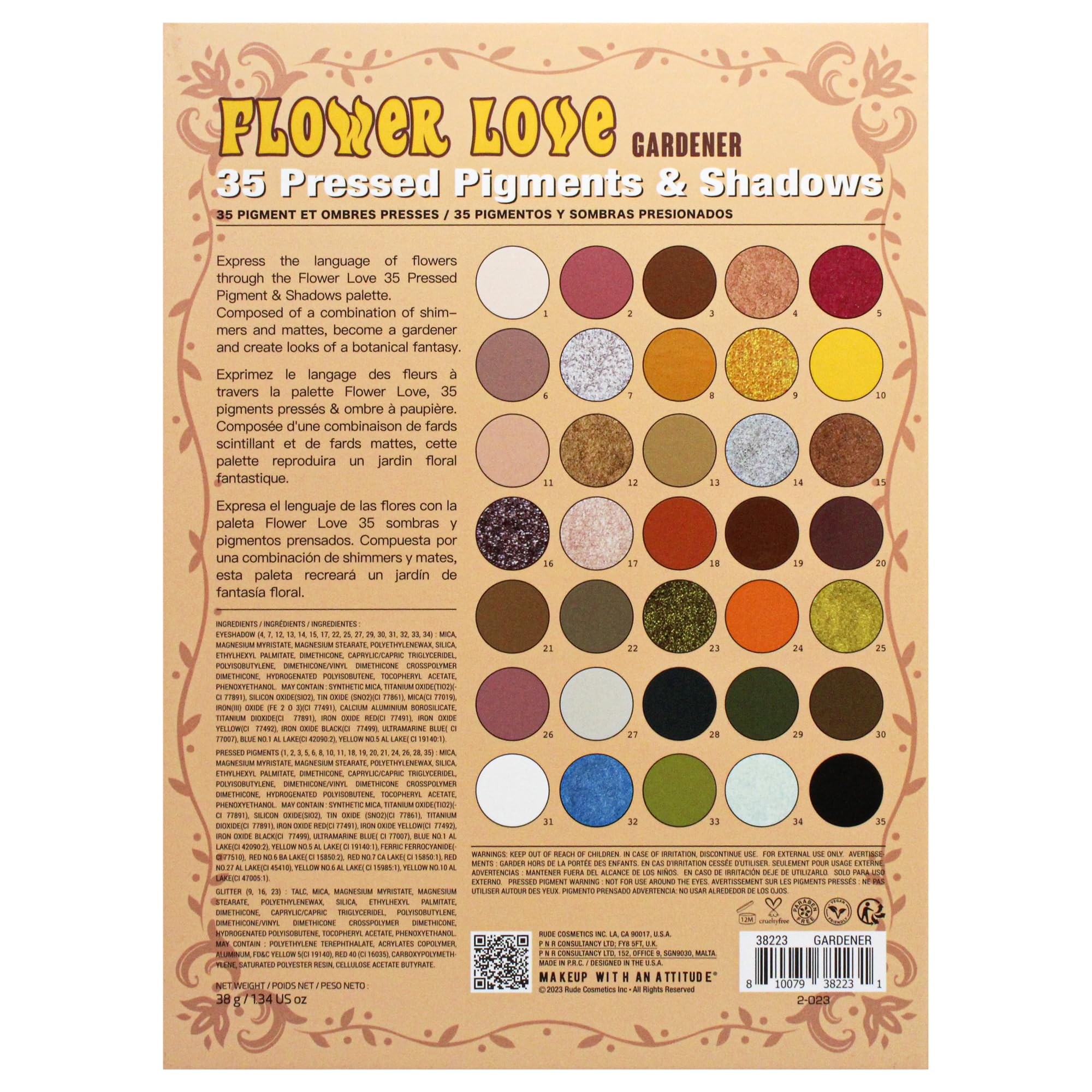 Flower Love 35 Paletas de sombras de ojos - Jardinera de Rude Cosmetics para mujeres - Sombra de ojos de 1,34 oz