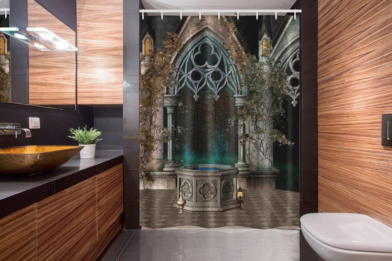 Ambesonne Gothic Stall Shower Curtain, Patio with Enchanted Wishing Well Ivy on Antique Gateway to Forest, Fabric Bathroom Decor Set with Hooks, 54" W x 78" L, Teal Grey