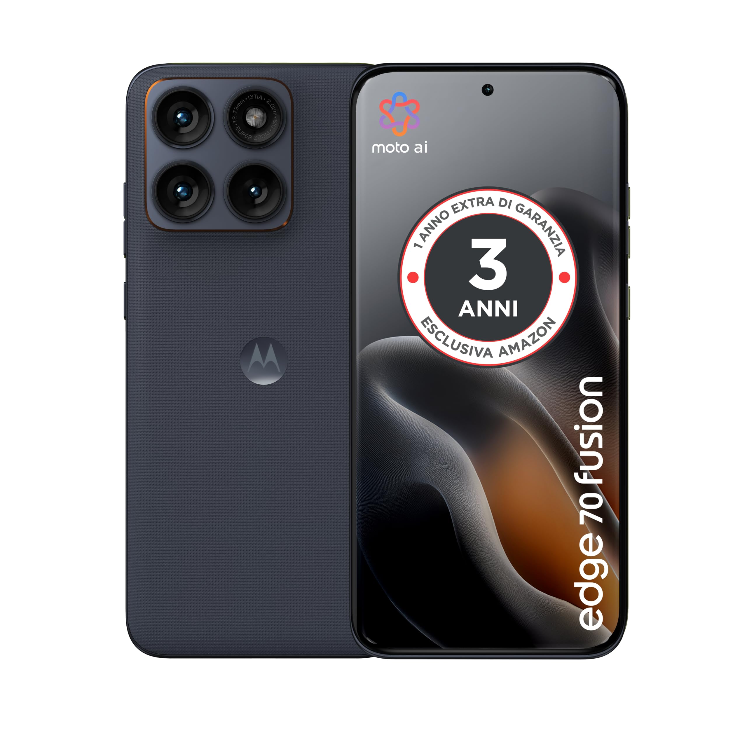 Immagine di Motor edge 70 fusion con 3 anni di garanzia (24(8+8+8)/256GB, 50MP+13MP+flicker cam, selfie 32MP, TurboPower 68W, 5100mAh, Display 6.78" Super HD Extreme AMOLED 144Hz, IP68/69, Android 16) Silhouette · Colore PANTONE Silhouette