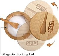 Vista 4 de Lawei Paquete de 2 cuencos de bambú para sal y pimienta, recipiente redondo para sal con tapas magnéticas giratorias y cucharas, bodegas de sal