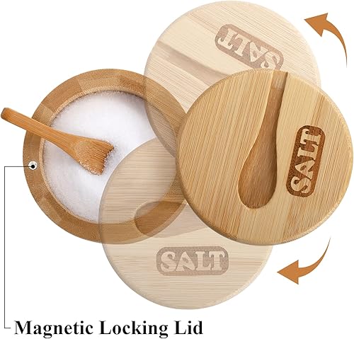 Miniatura 4 de Lawei Paquete de 2 cuencos de bambú para sal y pimienta, recipiente redondo para sal con tapas magnéticas giratorias y cucharas, bodegas de sal de