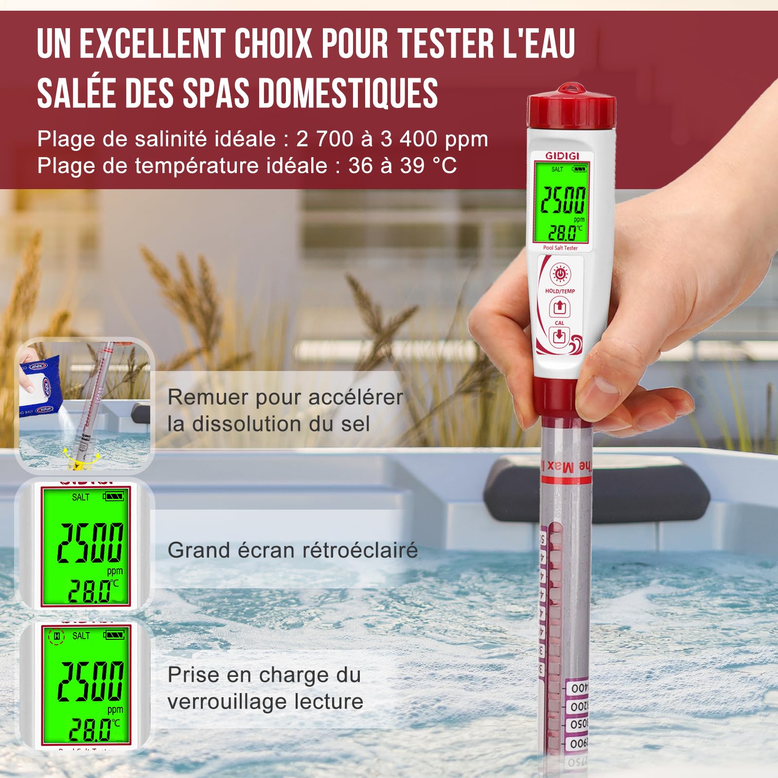 Testeur de sel numérique de piscine à longue sonde, compteur de salinité pour piscines d'eau salée, bain à remous, spa, aquarium d'eau douce, étang Koi (0-5000 PPM)