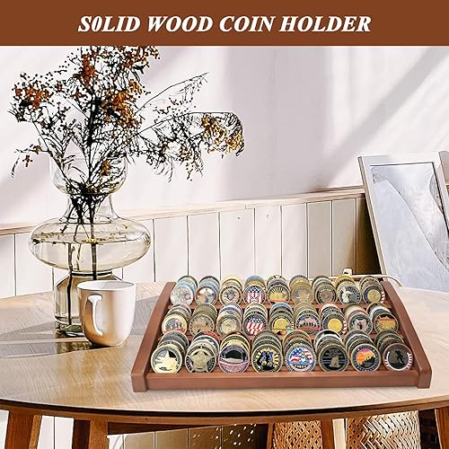 Miniatura 4 de DecoWoodo Estuche de exhibición de monedas de desafío militar, soporte de monedas de madera de 12 filas con capacidad para 100 monedas, soporte de