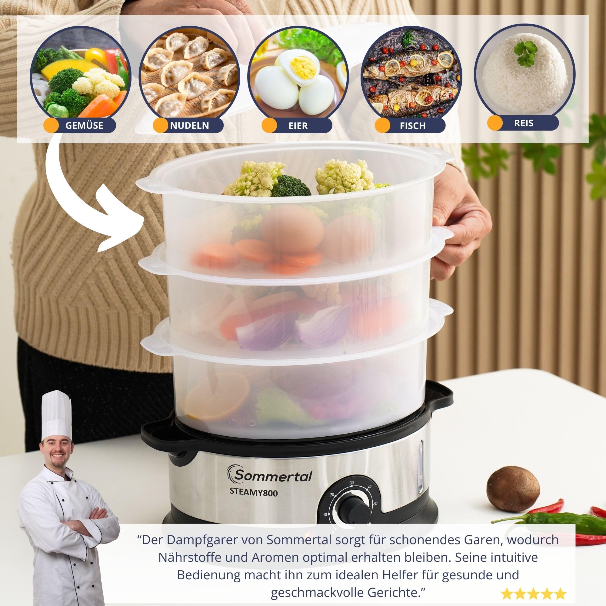 Sommertal Steamy800 Ammortizzatore 800 W 3 strati pentola senza BPA regolabile 0-60 min. Lavabile in lavastoviglie in plastica
