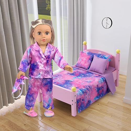 Miniatura 5 de K.T. Fancy 8 piezas de ropa y accesorios de muñeca de 18 pulgadas para niña, sábana, pijama, máscara de ojos, pantuflas de unicornio, almohada