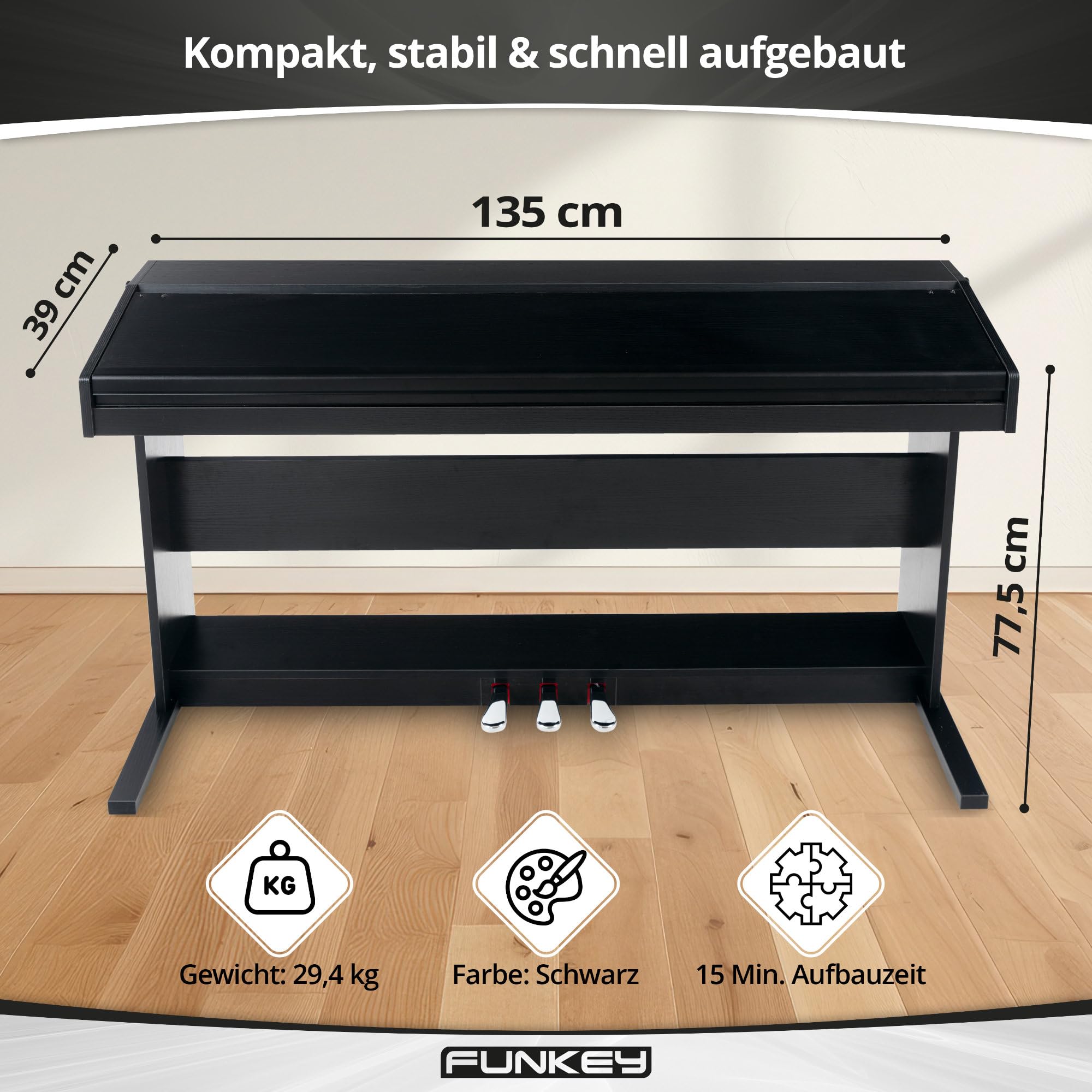 FunKey DP-88 II Digitalpiano Set (88 anschlagsdynamische Tasten, 360 Sounds, 160 Styles, MP3-Player, inkl. Keyboardbank, Kopfhörer und Klavierschule) schwarz