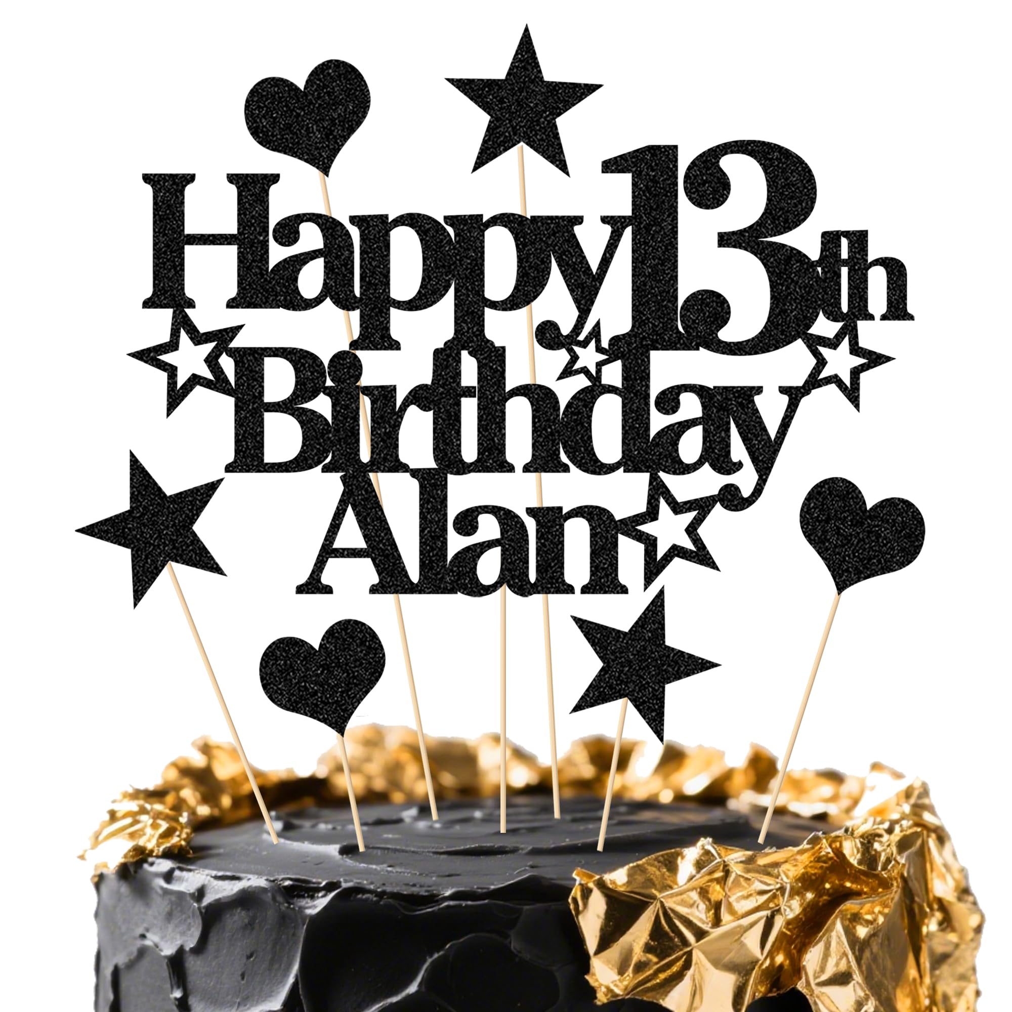 Personalized Happy Birthday Cake Topper | Custom Party Decoration with Any Name Any Age | Multicolor Glitter Cake Topper 13th 16th 18th 21st 30th 50th 60th 80th (Black)