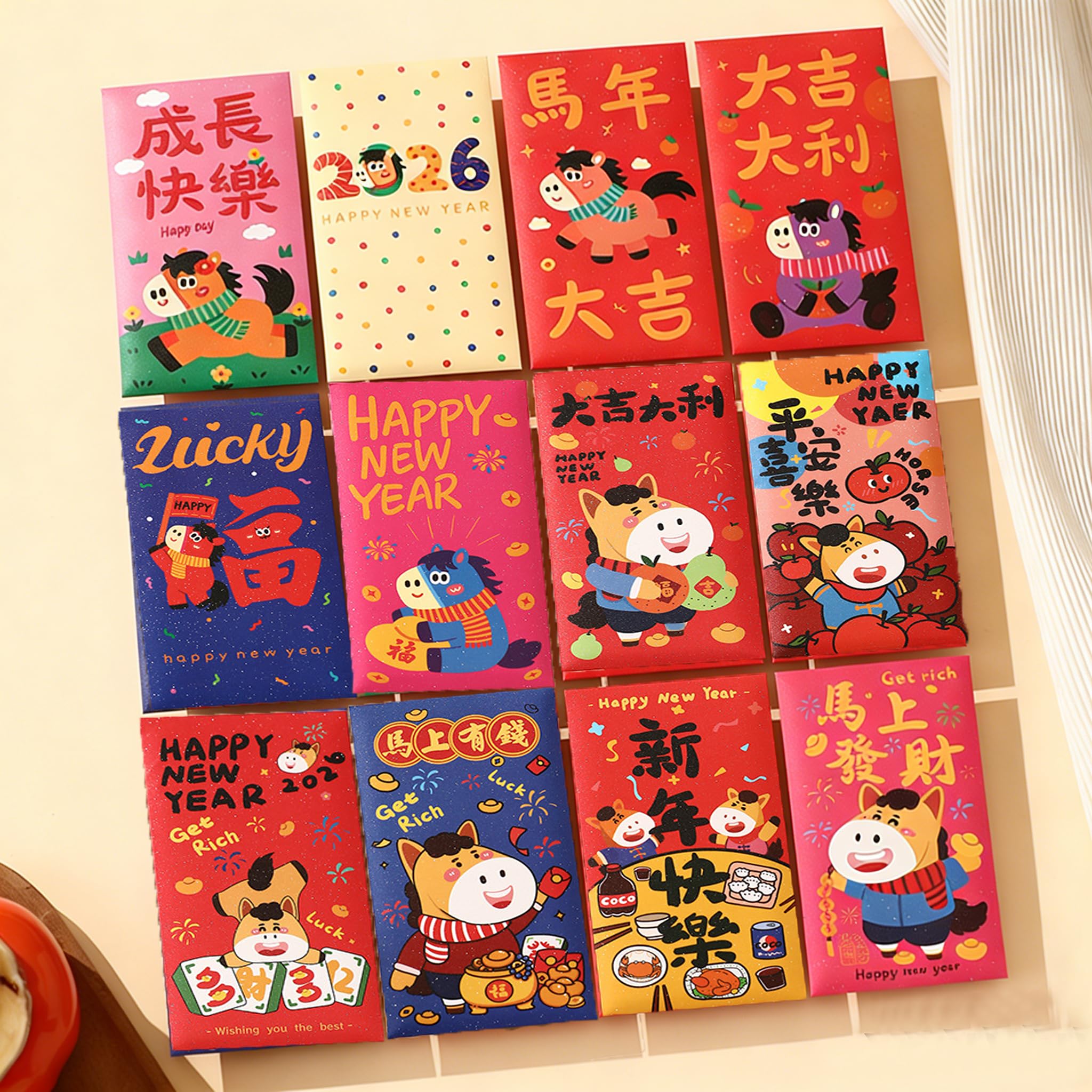 Posoto 2026 Year of The Horse Red Envelopes,24Pcs 12 Styles Cute Cartoon Hongbao Set,Chinese New Year Lucky Cash Packet, Creative Gift Decorations,Festive Pocket Charms for Spring Festival - Image 3