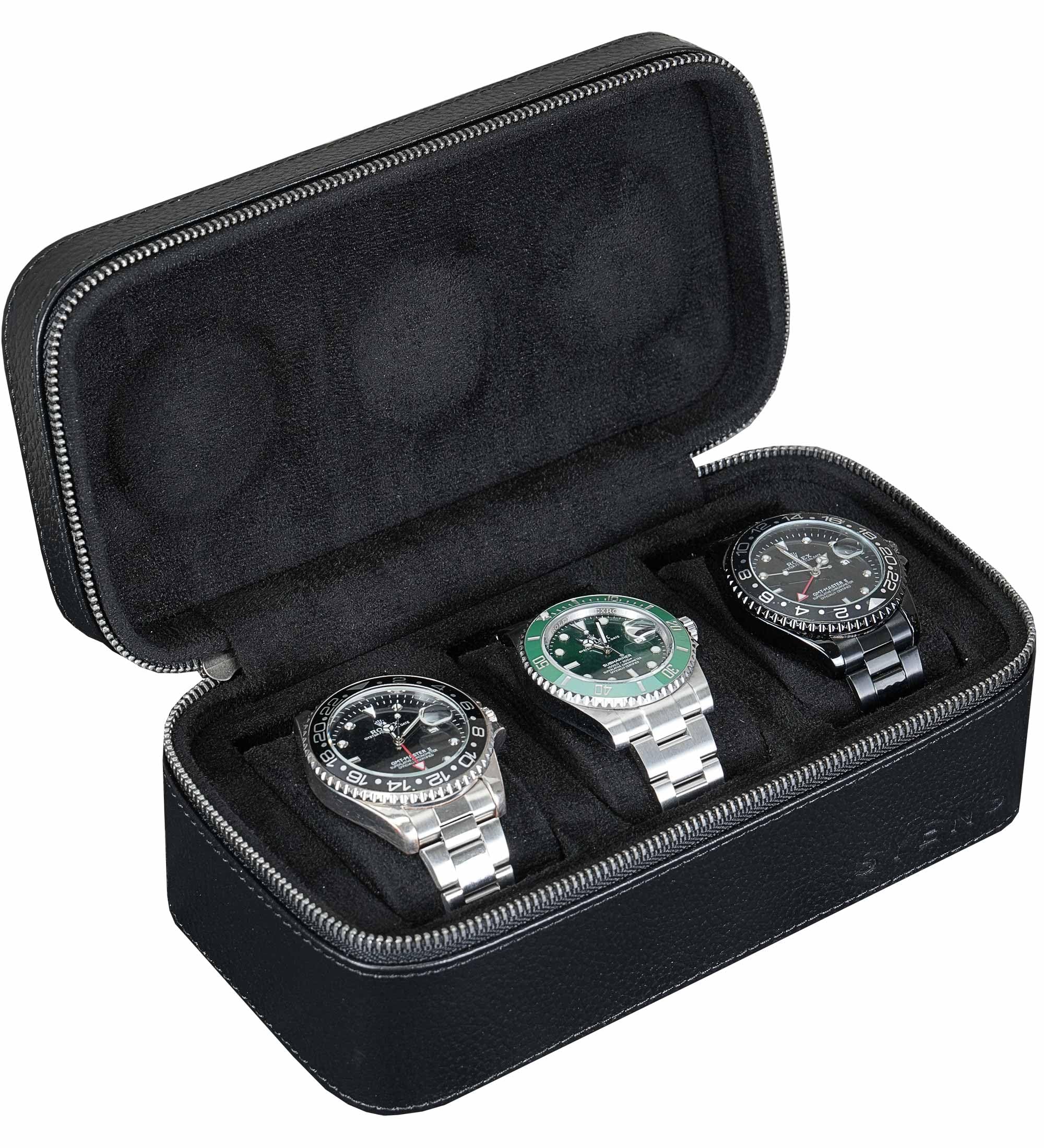Boîte de voyage en cuir véritable pour homme et femme - Organiseur de rangement avec fermeture éclair en daim pour la protection - Convient à toutes les montres jusqu'à 60 mm (3W-Z-BBL)