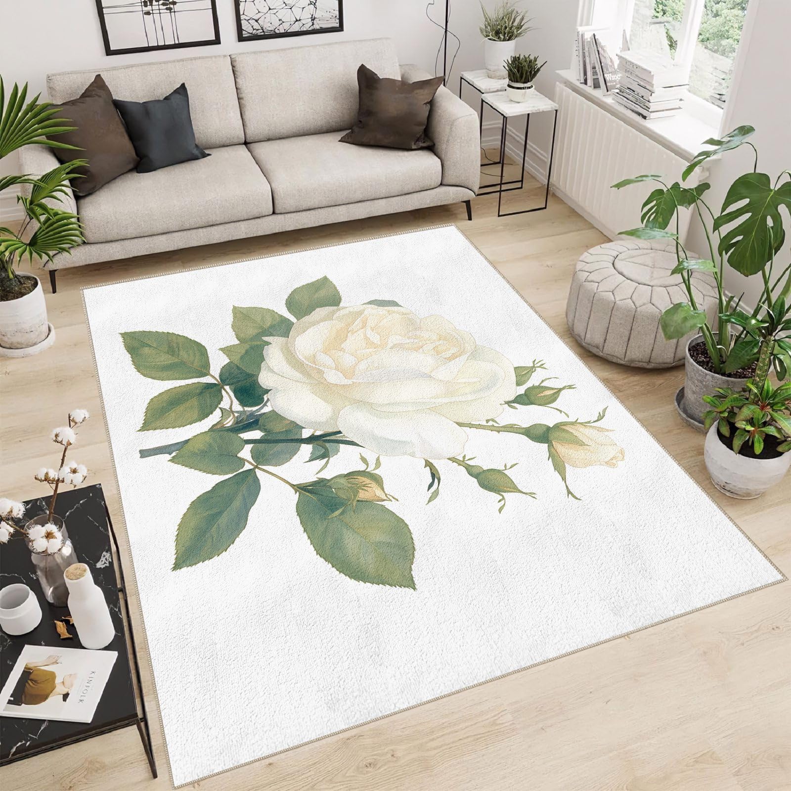 Area Rugs 3.3'x4.9' Living Room Rug Faux Wool Soft Bedroom Carpet 3D Plant Flower White Rose Pattern Machine Washable Entryway Mat Doormat Non Slip