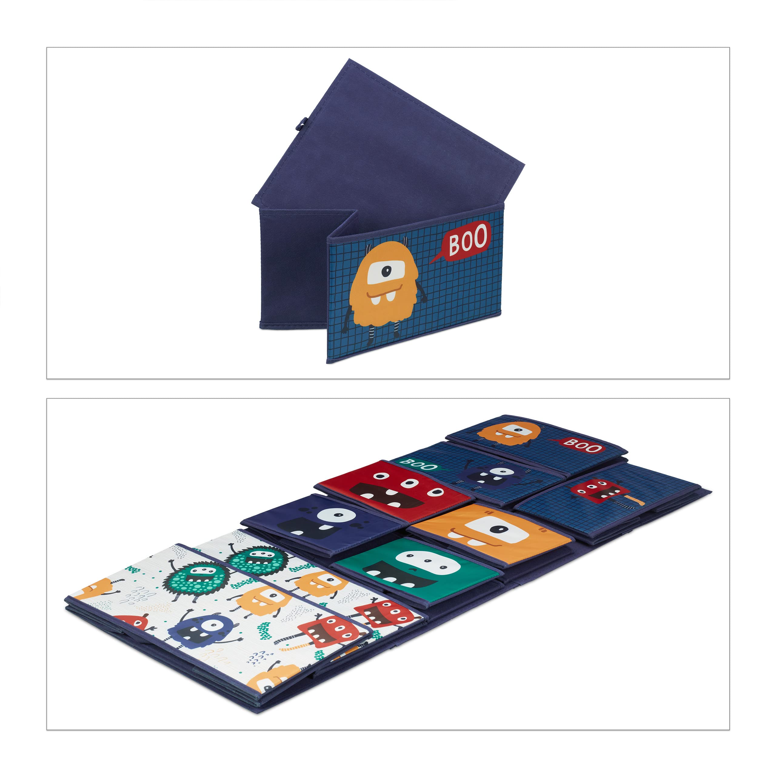 Relaxdays Estantería Infantil con 9 Cajas de Tela, Diseño de Monstruos, 70x92,5x30cm, Cajonera para Juguetes, Multicolor