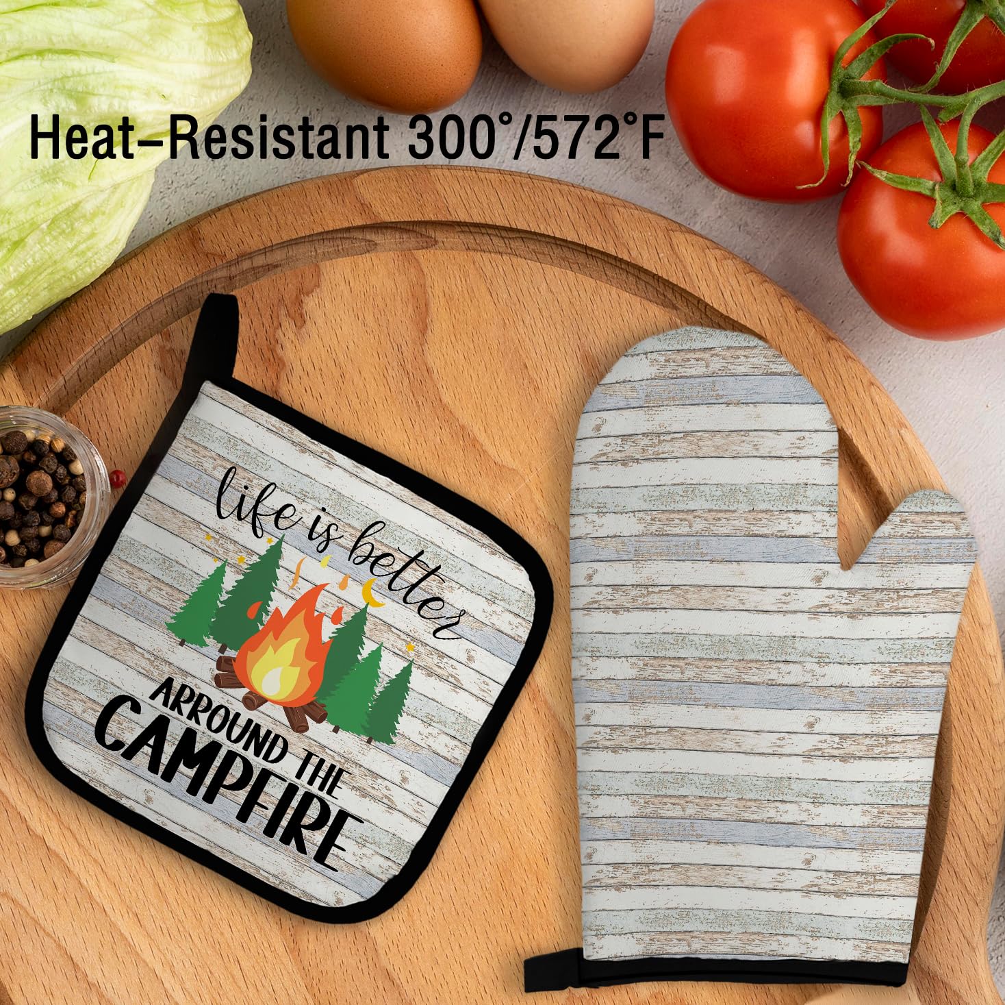 Juego de manoplas para horno y soportes para ollas de campamento, poliéster, 100%, negro, blanco, 10.5 x 5.5 pulgadas, 8 x 8 pulgadas, mano, soporte para ollas, juego de guantes de horno 4