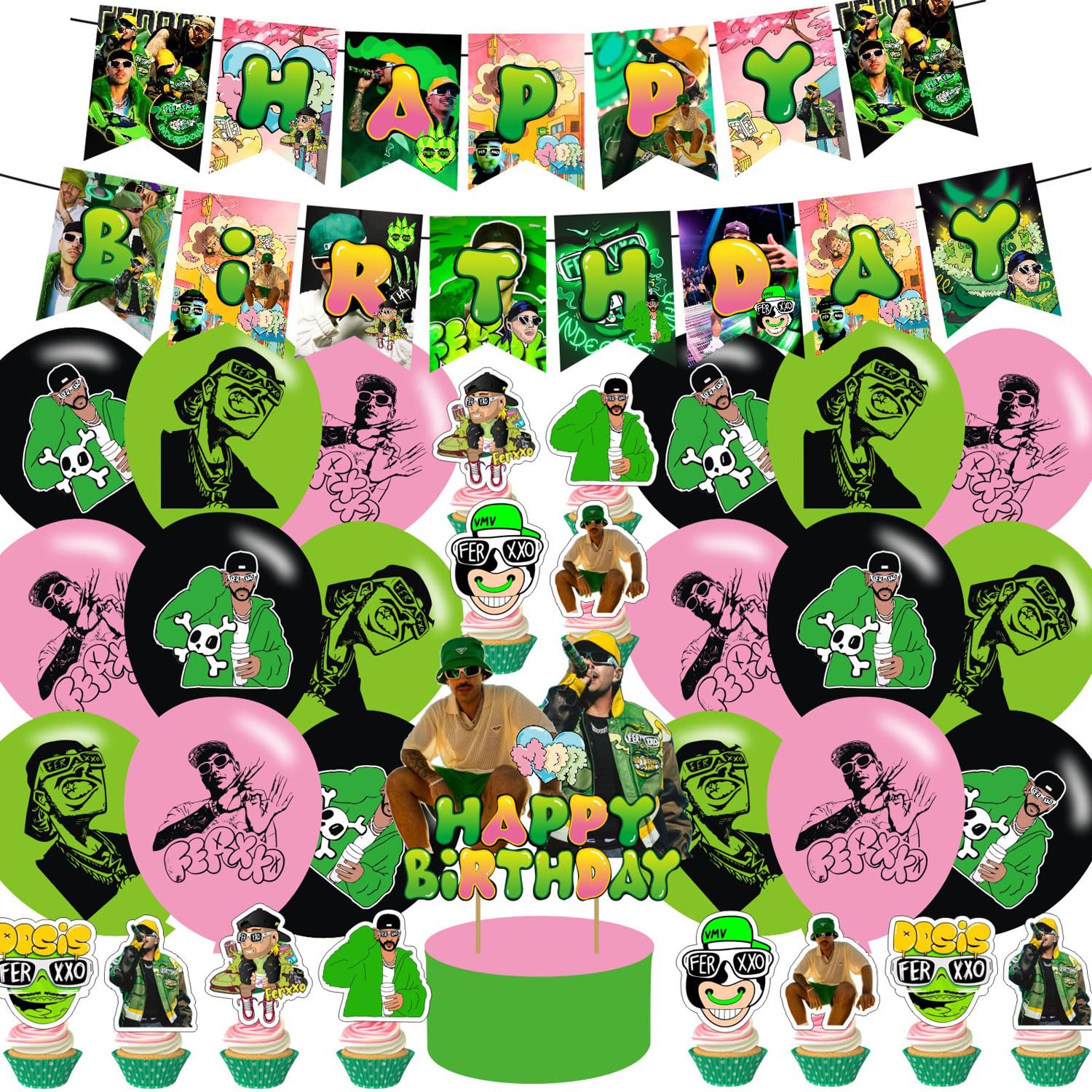 PINUO 𝓕𝓮𝓻𝔁𝔁𝓸 Birthday Party Supplies,Rapper Singer 𝓕𝓮𝓻𝔁𝔁𝓸 Party Decorations Includes Happy Birthday Banner,Cake Topper,Cupcake Toppers,