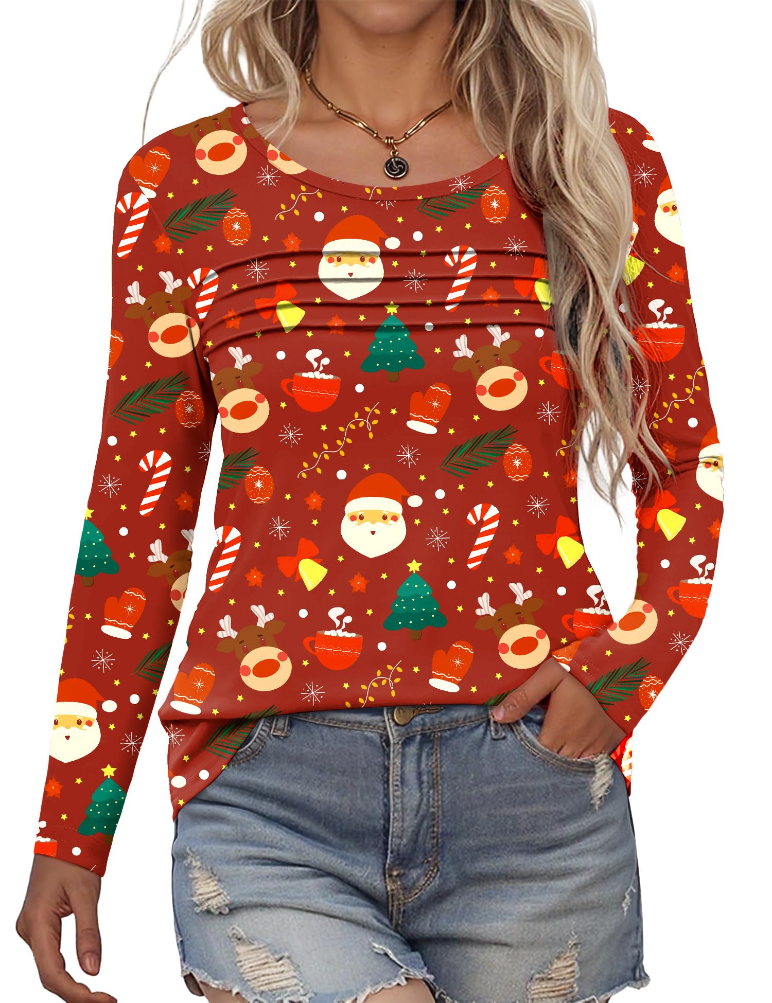 Rapbin Langarmshirt Damen Rundhals Pullover Herbst Winter Falten Sweatshirt Lässig Bluse Elegant Locker Oberteil Blumen Tunika Shirts