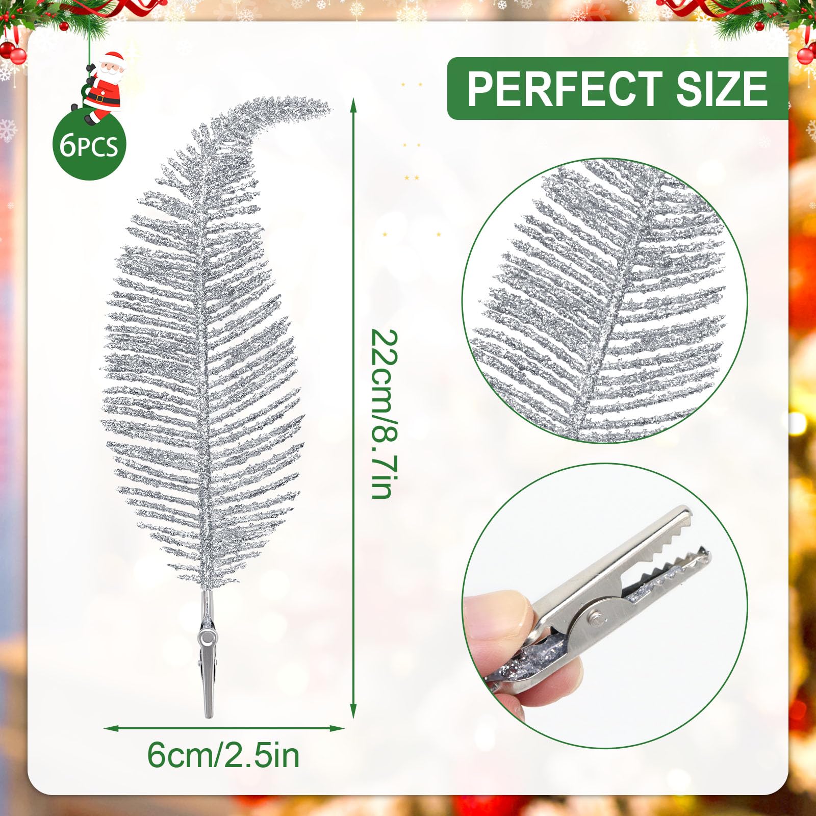 Yueshop 6pcs Christmas Tree Decoration Clip On Feather Glittery Baubles Ornament Personalised Christmas Bauble Xmas Decor Novelty Item 22cm (Silver) - Image 2