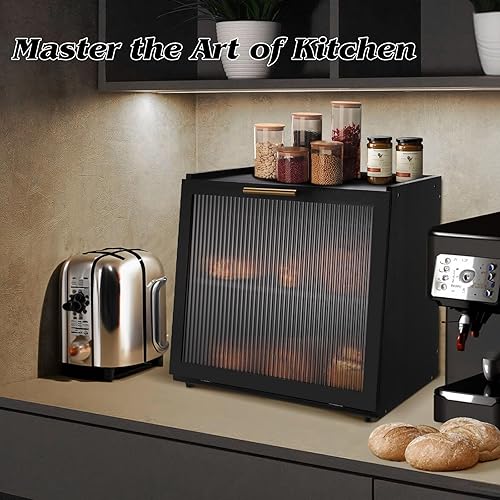 Miniatura 5 de Joyvilla Panera de bambú de doble capa para encimera de cocina, contenedor de almacenamiento de pan, caja de pan negro con ventana, gran capacidad