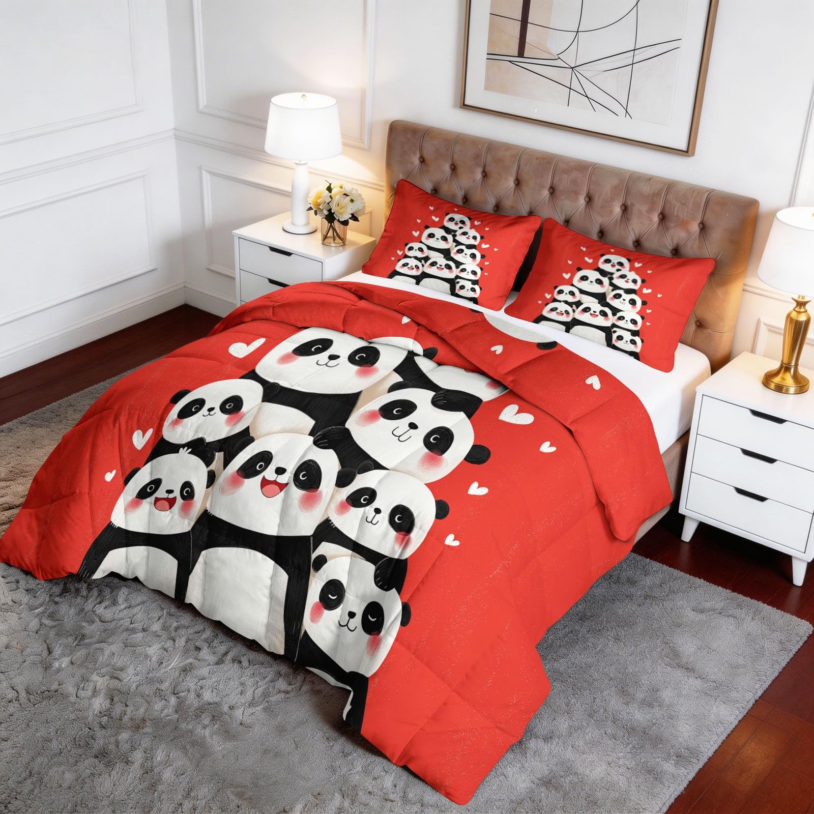 Süße Pandagruppe Herzen Bettdecke 220 x 240 cm 4 Jahreszeiten Steppdecke, Cartoon-Tiere Waschbare Ganzjahresdecke Babys Kleinkinder Bettwaren Set Babyzimmer Kinderzimmer Bettdecke Ohne Bezug