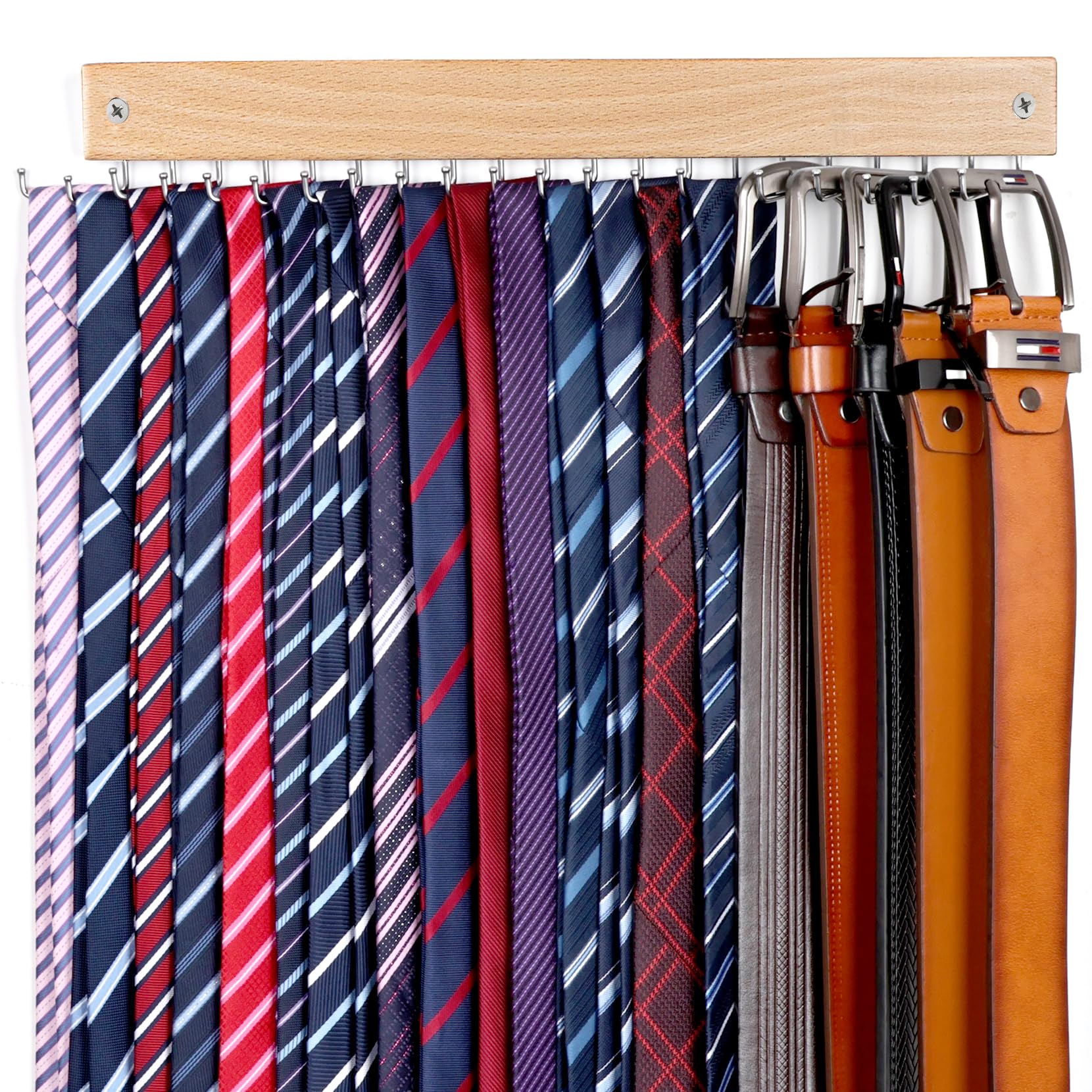 Tie Rack Wall Mounted, Natural Wood Tie Organizer Holds 20 Ties/Belt/Purse, Tie and Belt Organizer with/ 360° Rotatable Hooks,Screw Nail, Ideal for Installation on Wall、Door、Closet, 1 Pack, Natrual
