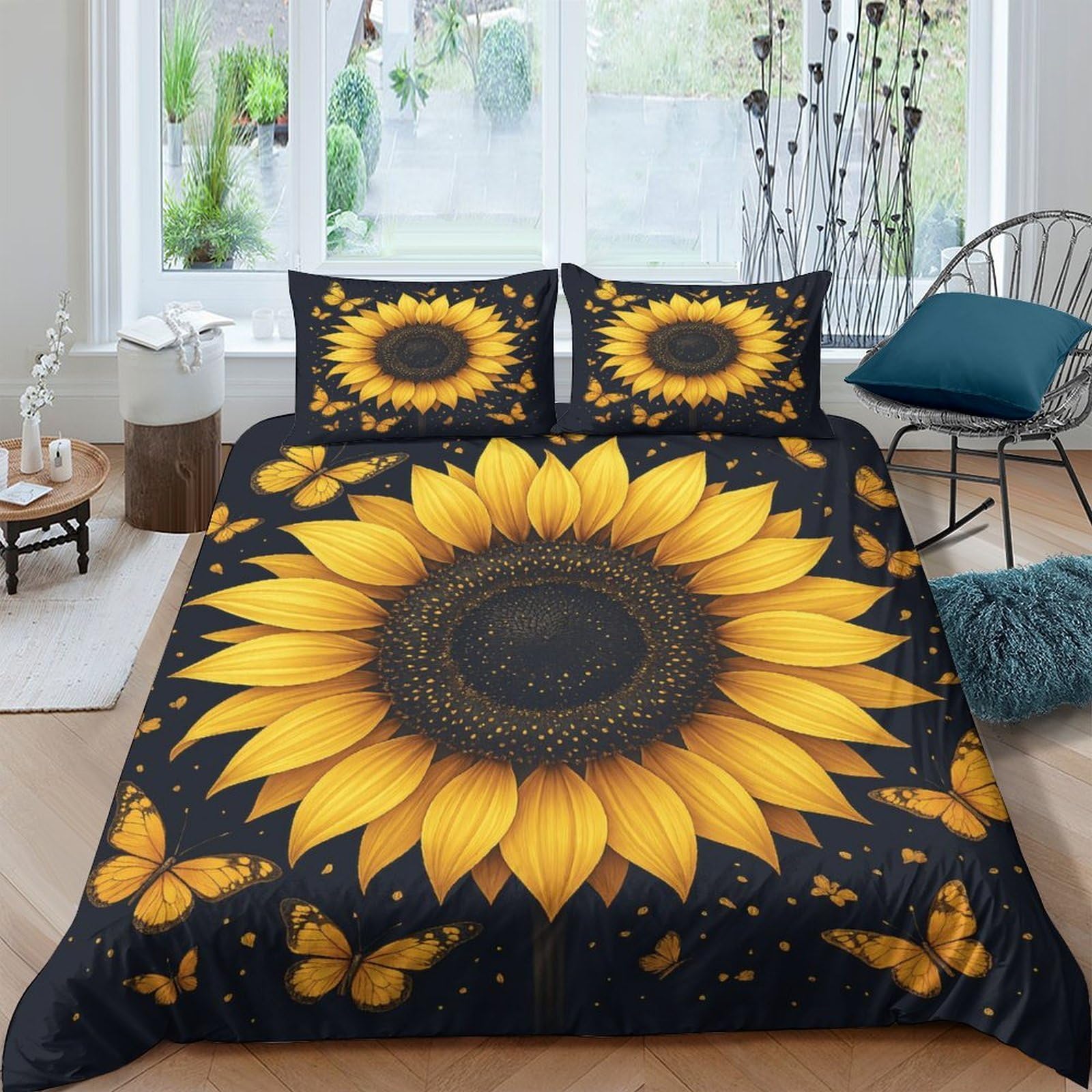 GPLZQXKJNH 3D Printed Sunflower Duvet Cover Microfiber Soft Breathable Butterfly Bedding Set with 2 Pillowcases for Bedroom Decor Single（135x200cm）
