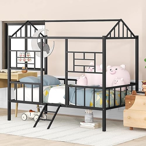 Cama de casa individual con barandillas de valla, marco de cama de metal con escalera, para niños, niñas, adolescentes, color negro Negro,Blanco