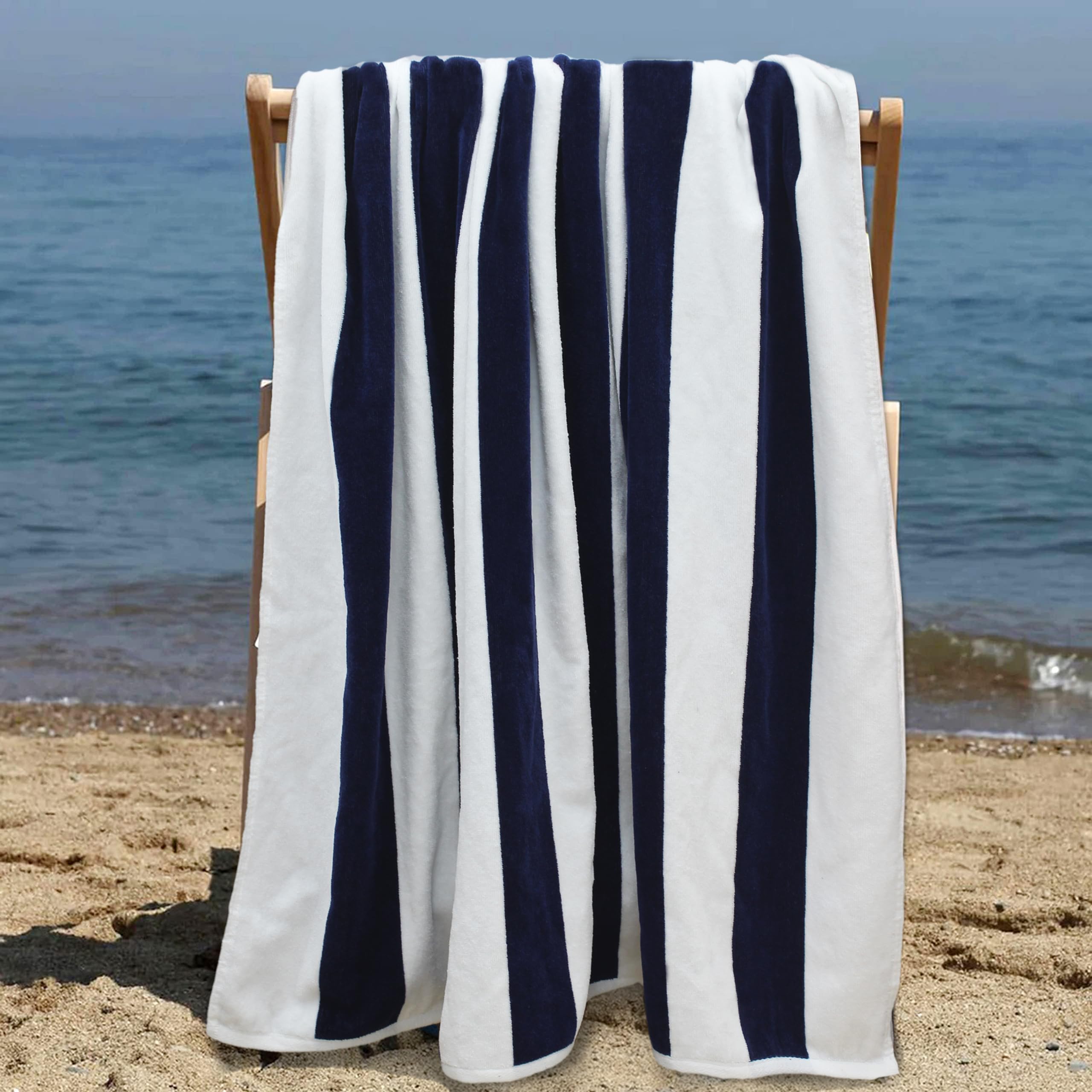 COTTON CRAFT Set di 2 teli da spiaggia oversize The Big Kahuna, 2,8 m, extra large, grande e alto, 100% velluto di cotone, asciugamano da bagno per piscina, 89 x 213 cm, a righe cabana, blu navy