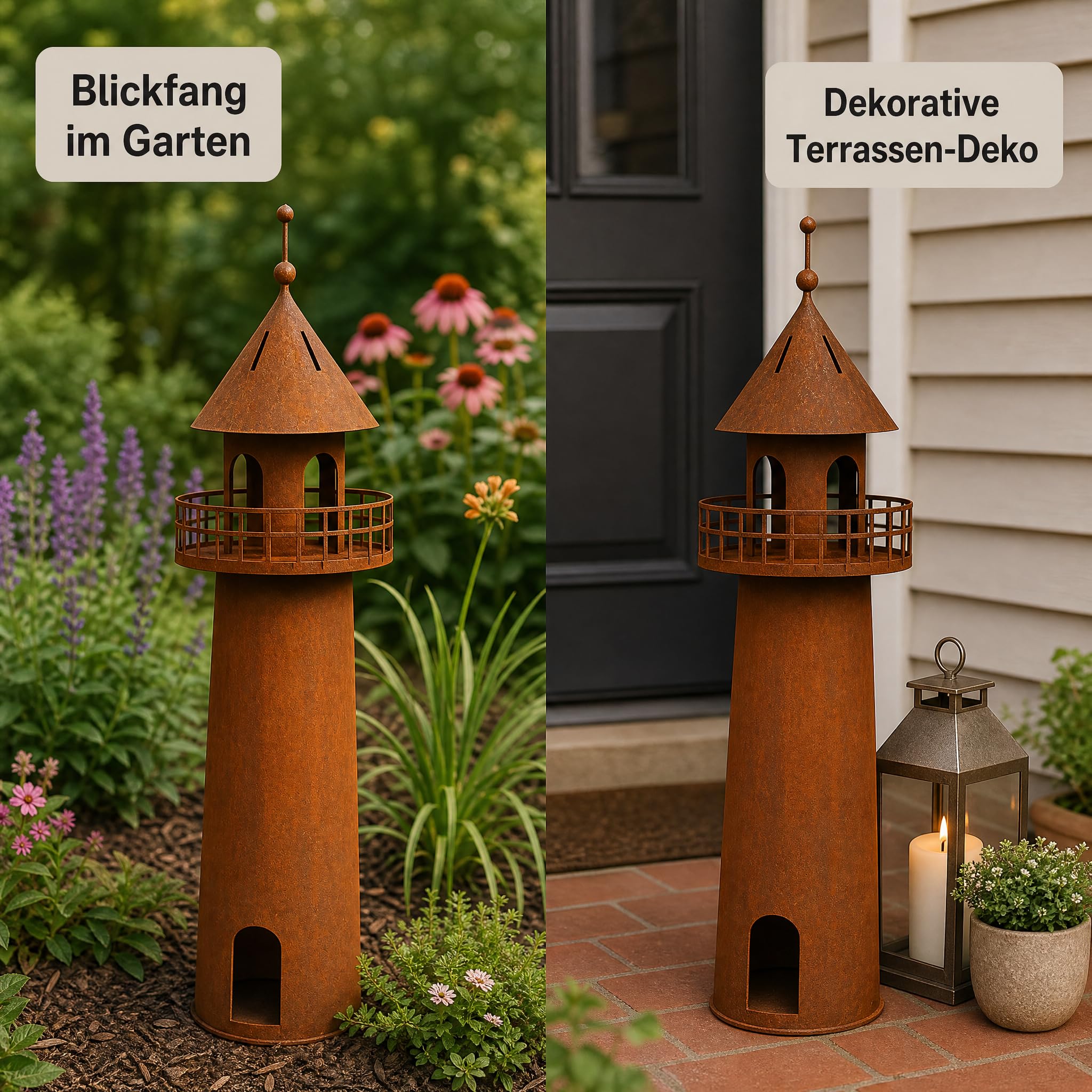 Leuchtturm Deko Edelrost, Gartendeko Metall, 60 cm | Maritime Rostdeko für Garten, Terrasse & Balkon – selbststehend, wetterfest, mit Hohlkörper für stimmungsvolle Beleuchtung