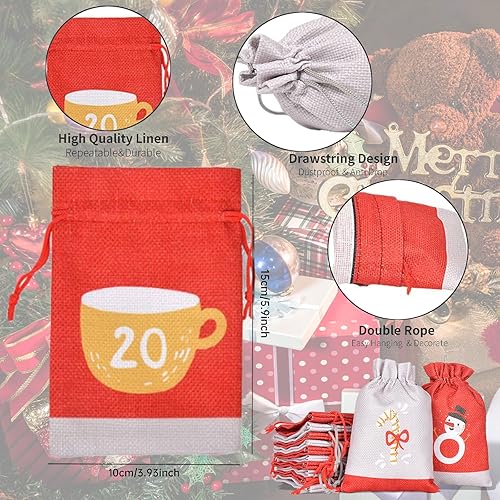 Miniatura 3 de Bolsas de calendario de Adviento de Navidad, bolsas de arpillera para calendario de cuenta regresiva de 24 días, bolsas de tela reutilizables para