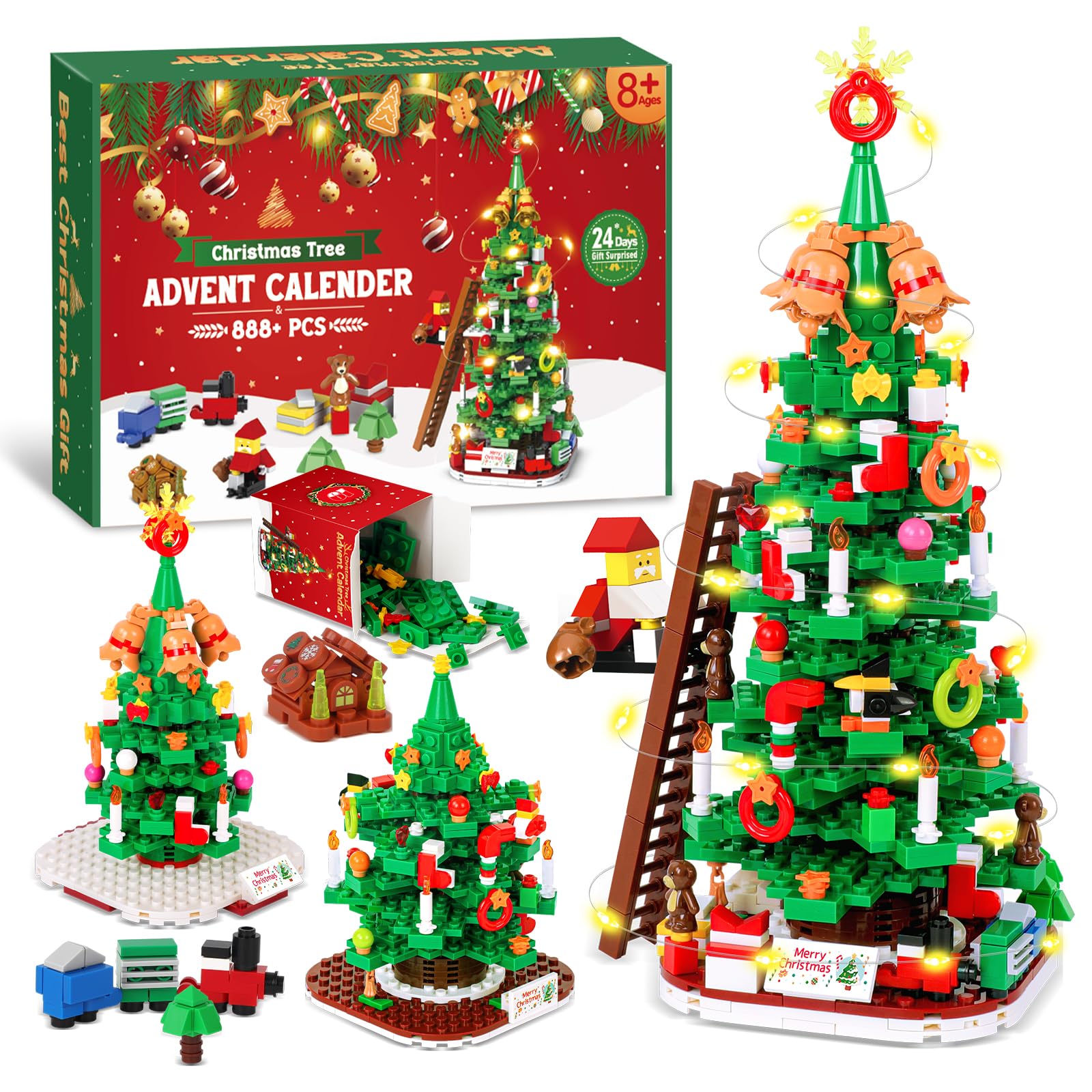 PITMT Calendario Avvento 2025 Bambini, 24 Giorni Calendario dell'Avvento Blocchi da Costruzione Albero di Natale con Luce LED, Calendario dell Avvento Giocattoli Regalo di Natale per Bambino Bambina