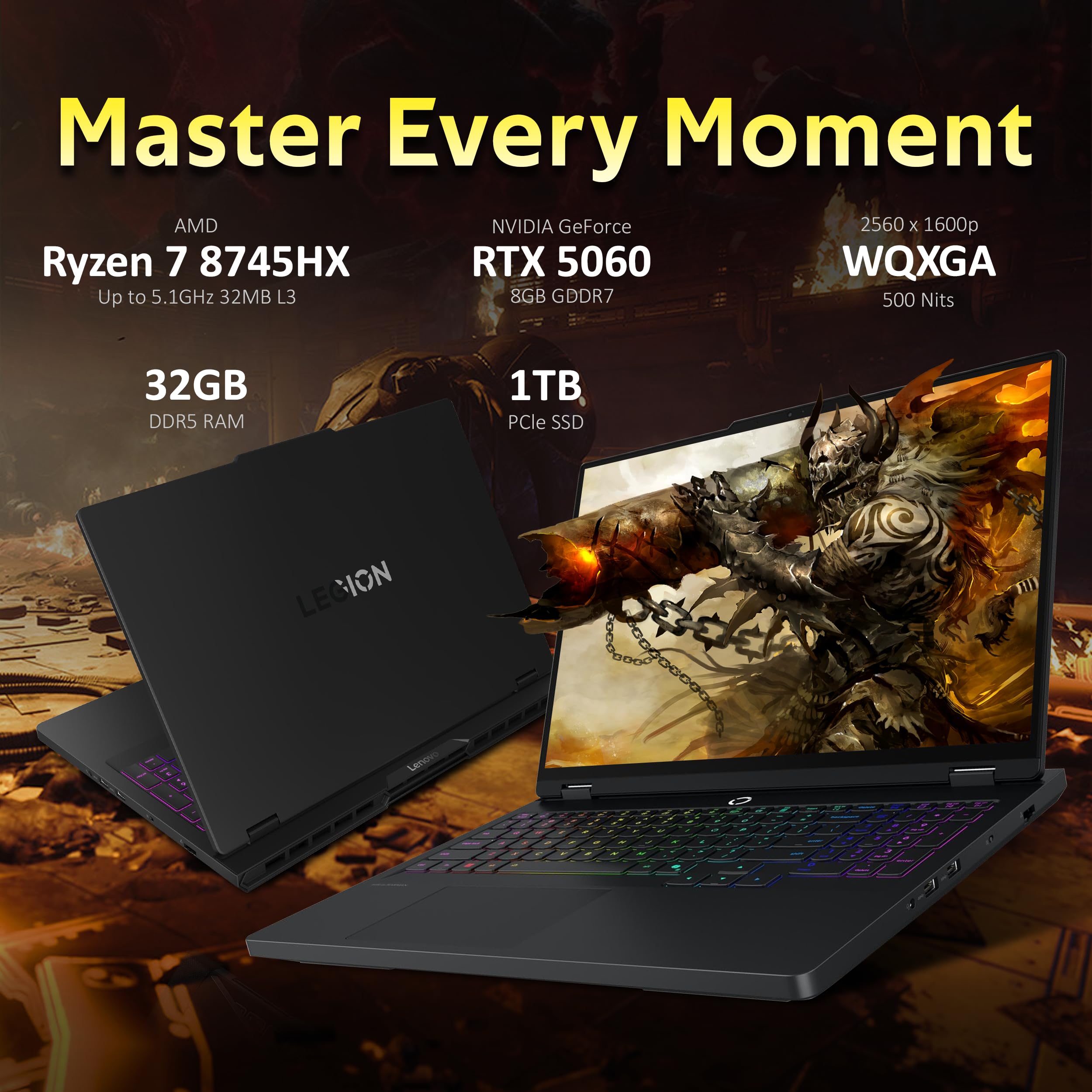 Lenovo Legion Pro 5 16 Zoll WQXGA 165Hz Gaming Laptop, AMD Ryzen 7 8745HX, GeForce RTX 5060 8GB GDDR7, 32GB DDR5, 2TB Speicher (1TB SSD + 1TB Dockingstation), 24-Zonen RGB-Tastatur mit