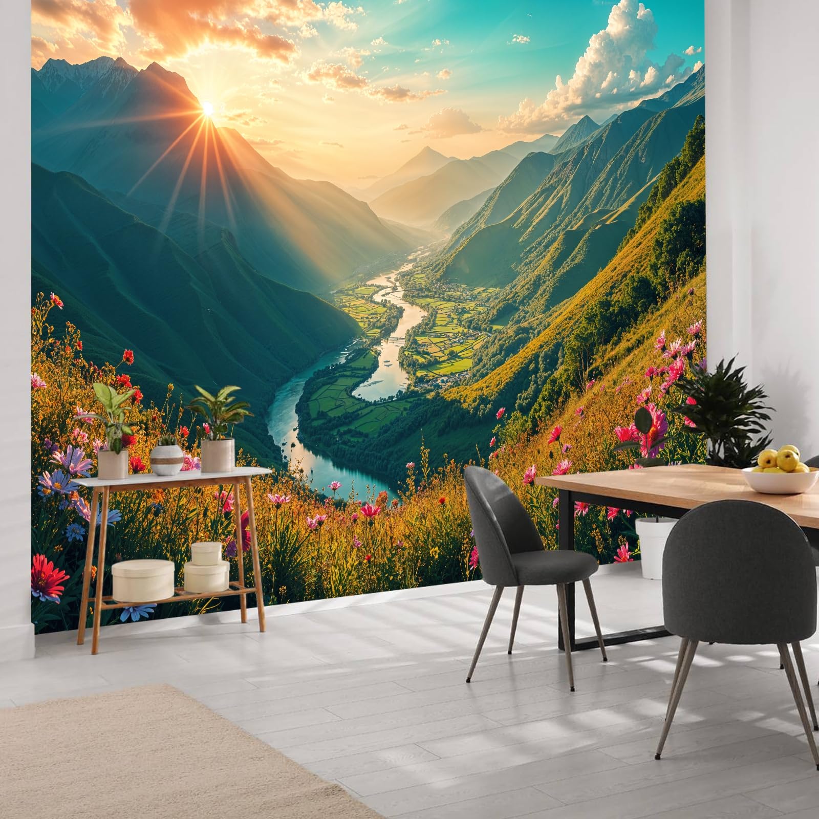 Calefee Wandteppich xxl 350x256, Wandteppich Natur Sonnenuntergang Berge Fluss Blumen Landschaft, Wandbehang Deko Teppich für Schlafzimmer