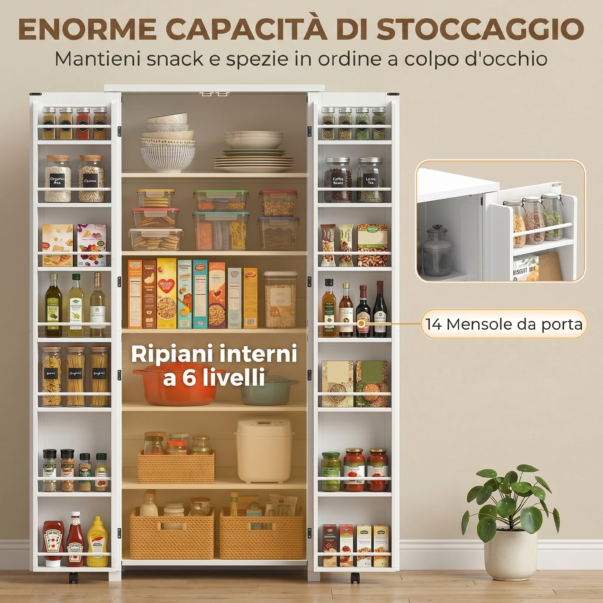 HOMCOM Credenza Cucina Alta 180cm, Mobile Dispensa con Ruote, Doppie Ante, 6 Ripiani, 14 Scomparti Portaspezie sulla Porta, Ripiani Regolabili, Mobile Cucina per Sala da Pranzo Soggiorno, Bianco