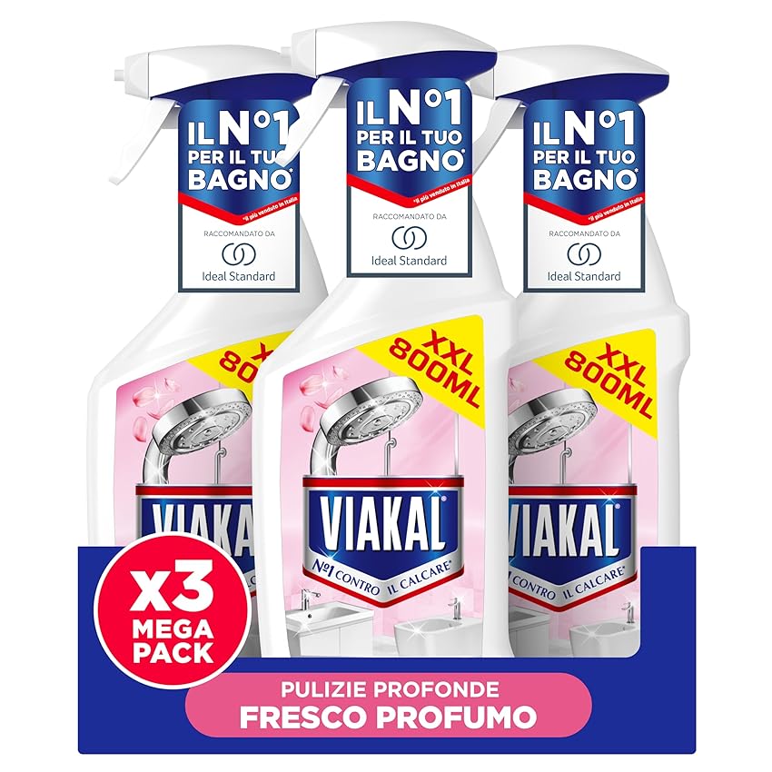 Viakal Spray Anticalcare, Confezione da 3 x 720ml, Fragranza Fresco Profumo, Tecnologia Anti-Goccia, Elimina Fino Al 100% Di Calcare e Residui di Sapone