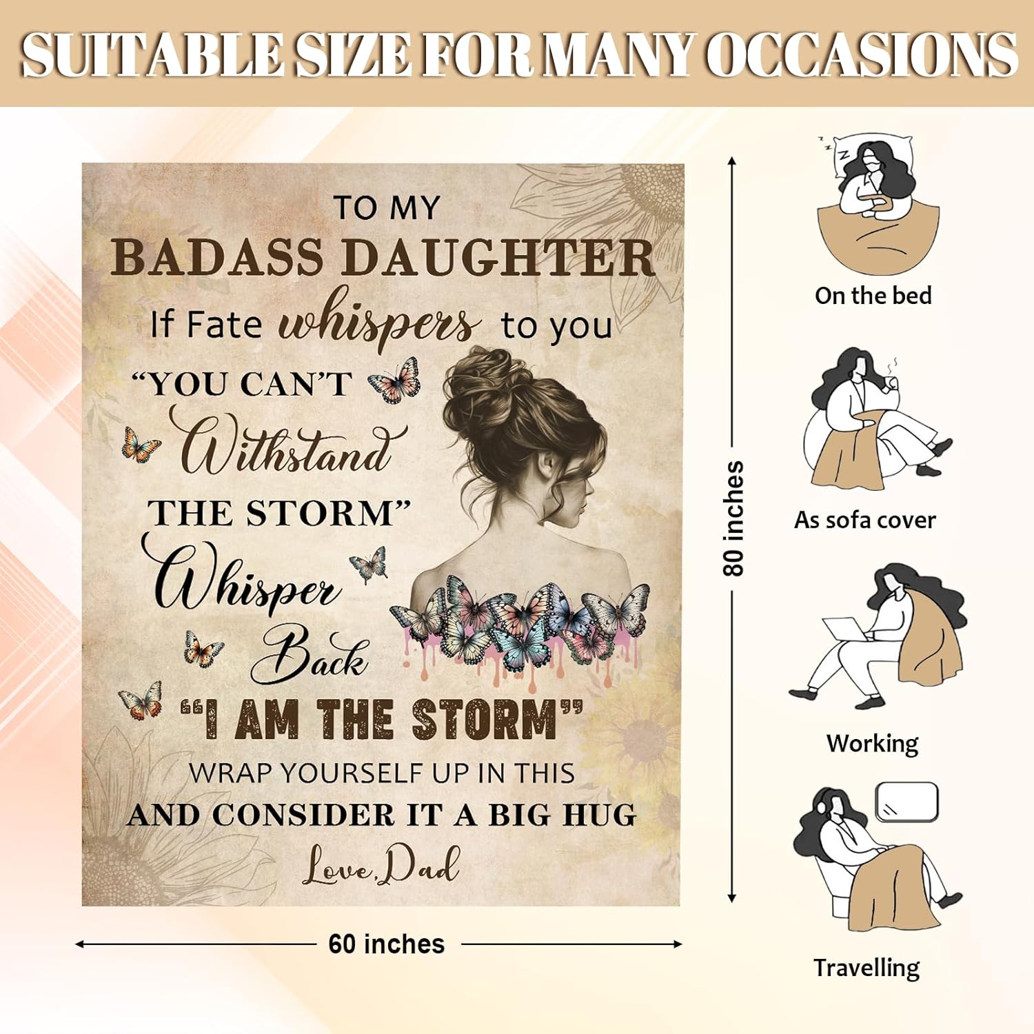 to My Badass Daughter Blanket from Dad - to My Daughter from Dad and Mom Gifts for Daughters Blanket, 60" x 80"