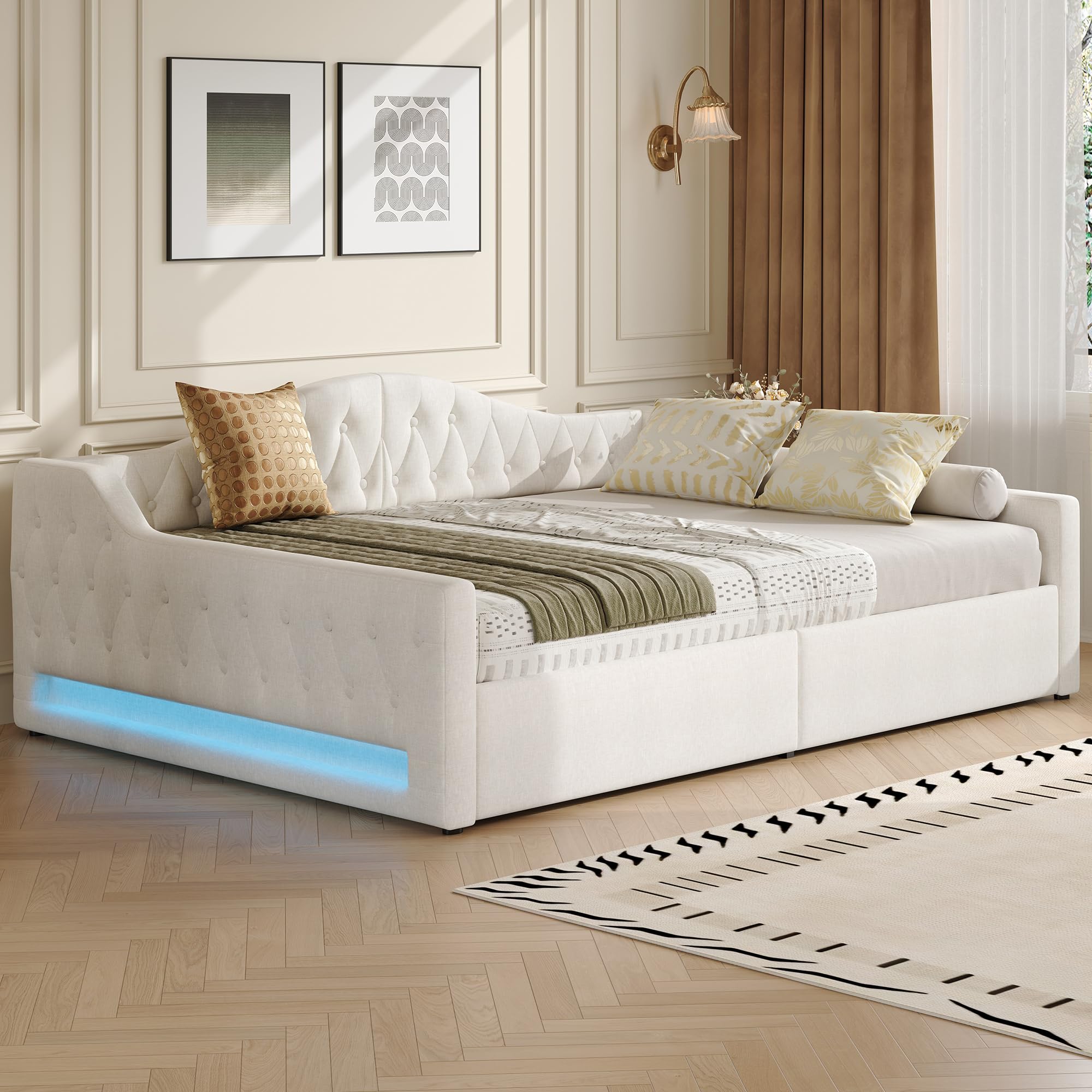 Divano Letto Imbottito 140x200cm, Letto Matrimoniale con illuminazione a LED e Contenitore Idraulico, Rete a doghe, Sofa Bed Beige(Senza materasso)