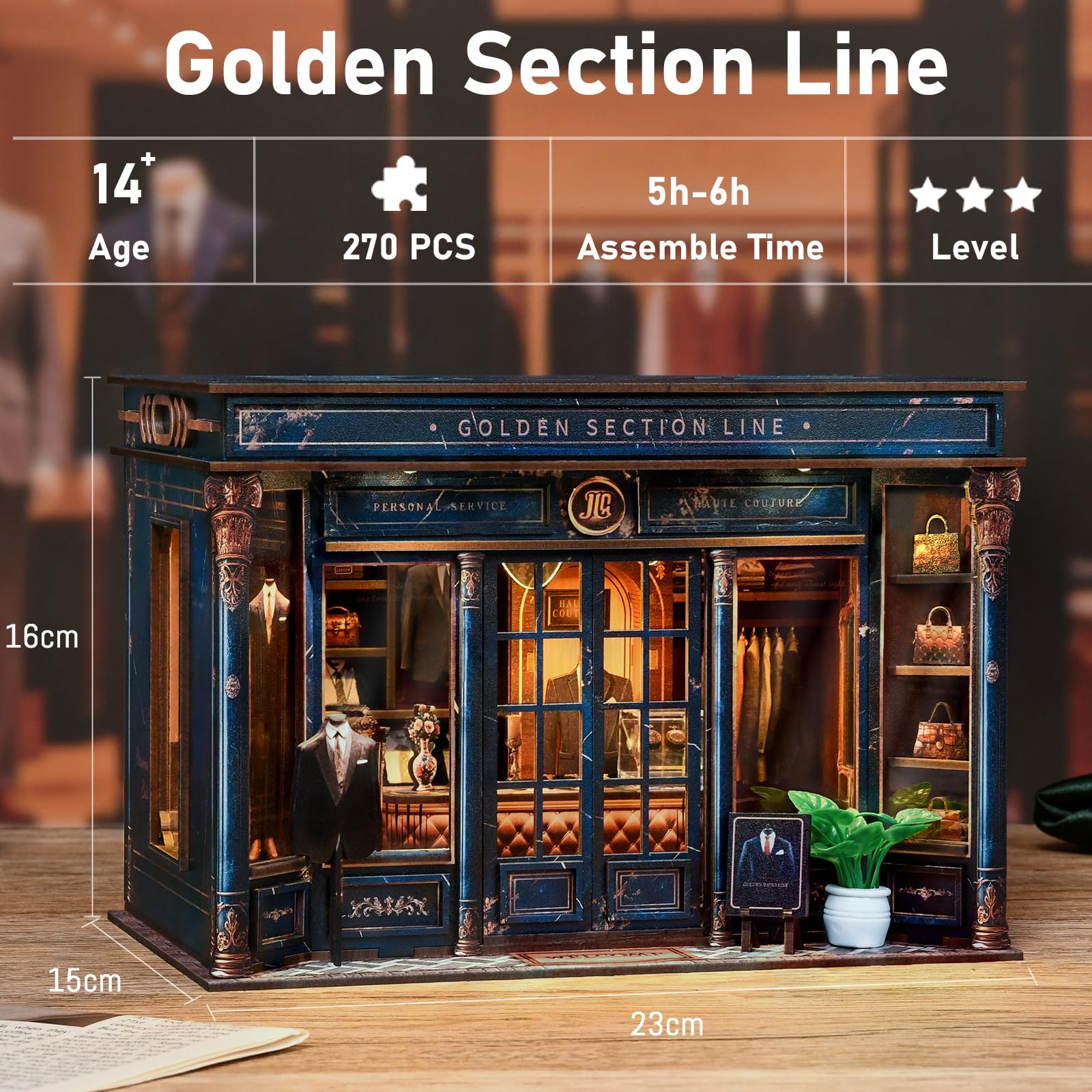 Book Nook Kit – model złoty krój (luksusowy styl retro), miniaturowe drewniane puzzle 3D z oświetleniem LED, zestaw do majsterkowania dla dorosłych i nastolatków, prezent i dodatek do domu