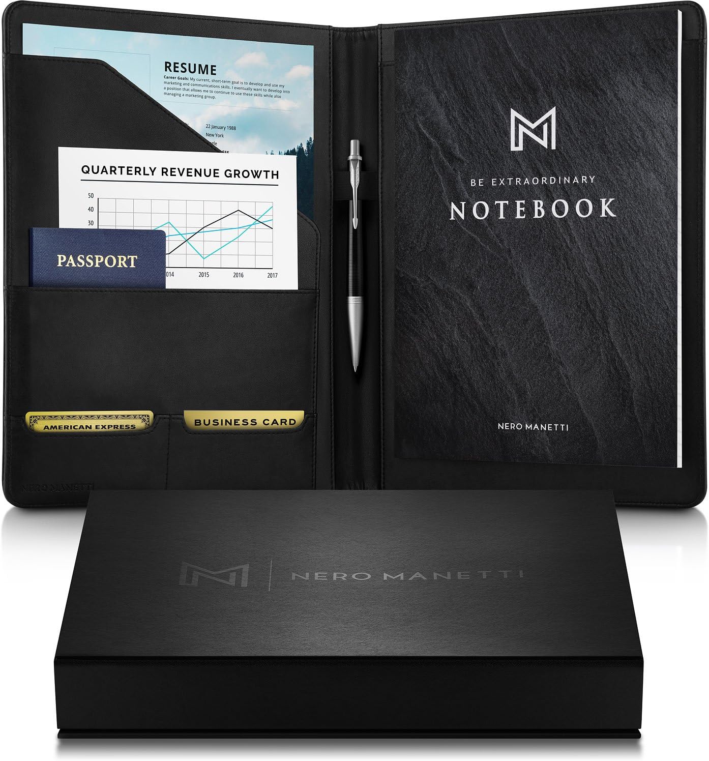 Leather Junior Padfolio For Men & Women With Pen Loop Italian Calfskin Business Portfolio Notebook Folder Classic Black - View #4