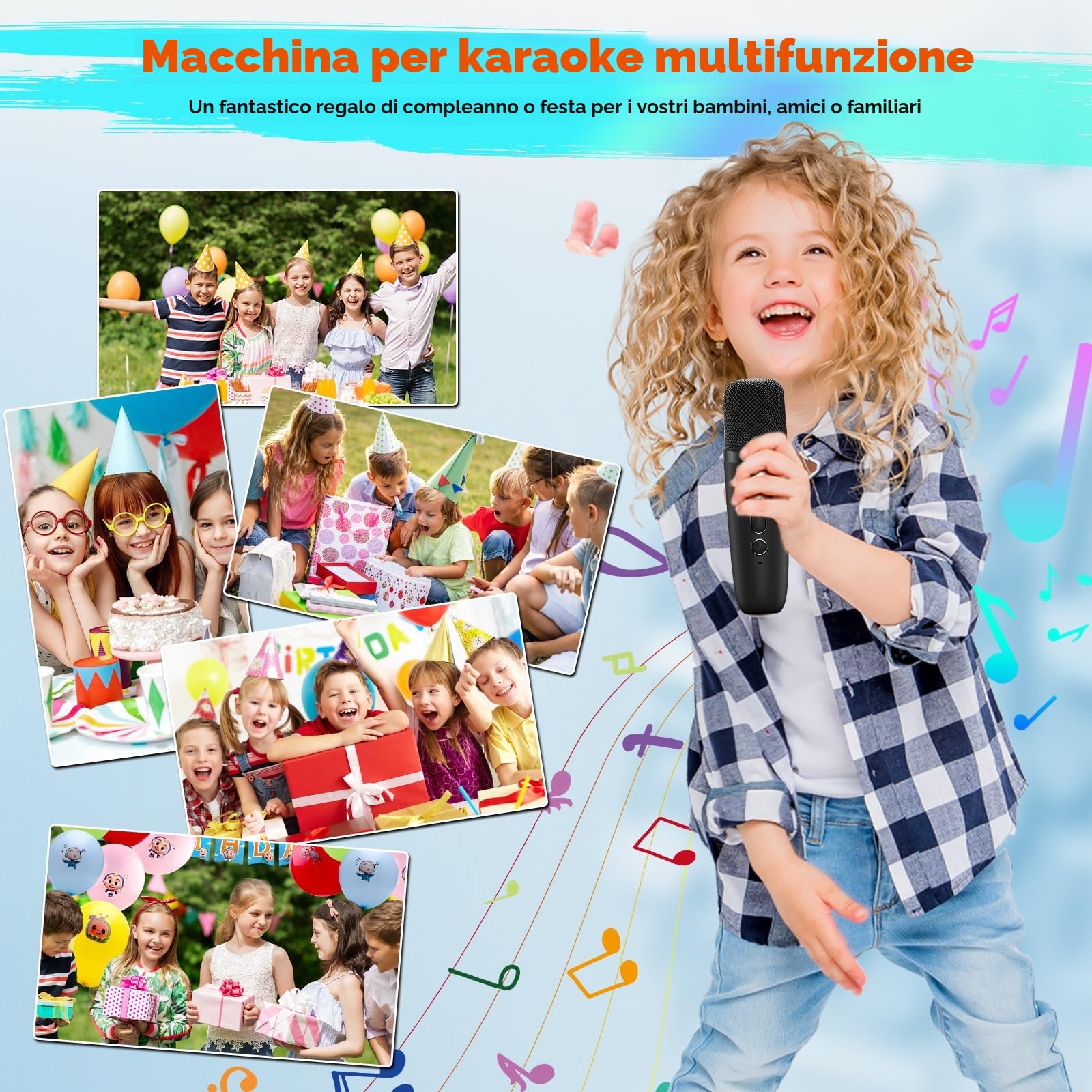 Macchina Karaoke per Bambini con 2 Microfoni Wireless Bluetooth, Altoparlante Portatile, Cambio Voce, Luci LED