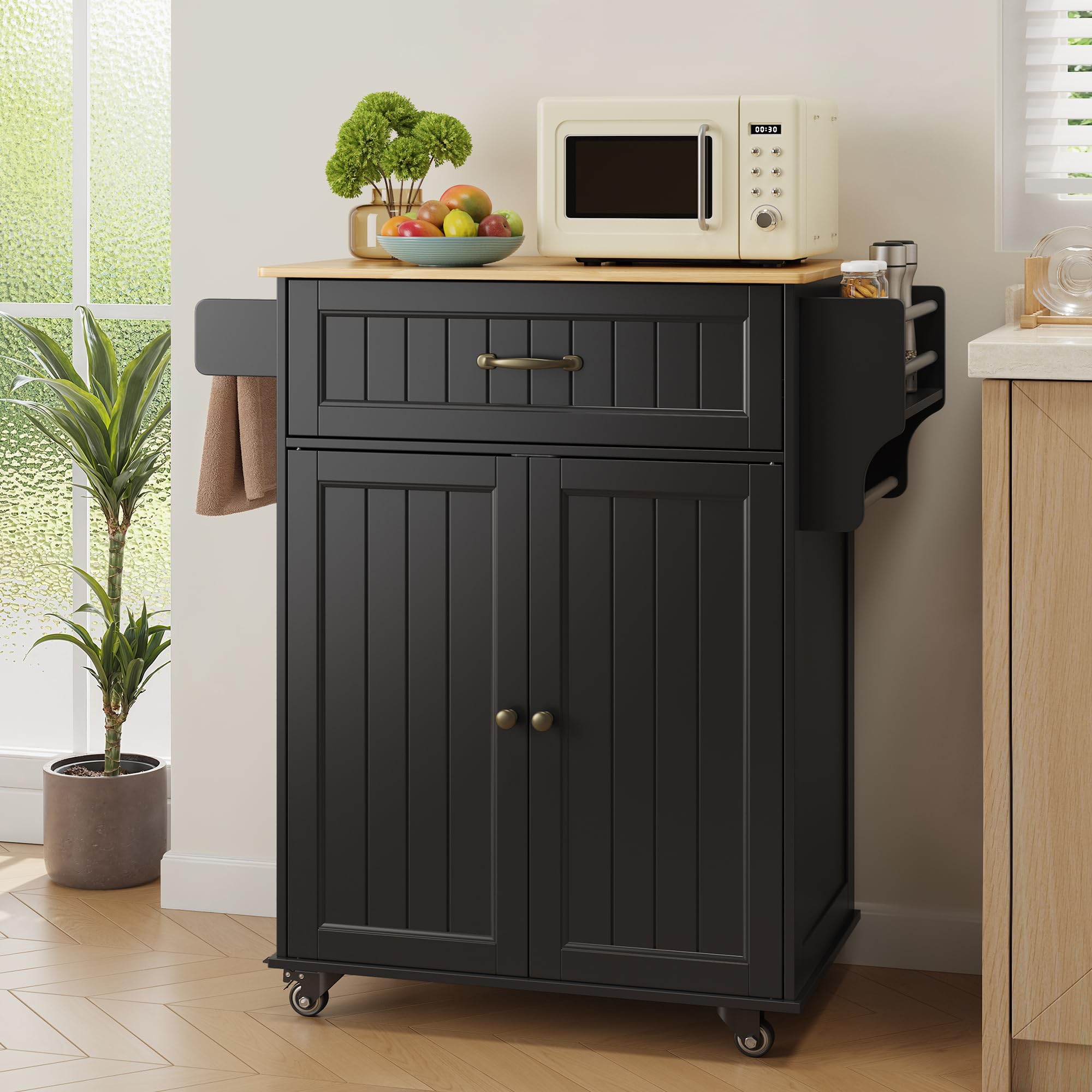 Bealife Isla de Cocina con Ruedas, Carro de Cocina con Cajón, Armario, Estante Lateral para Especias y Toallero, Mueble Auxiliar de Almacenamiento para Comedor (Negro)