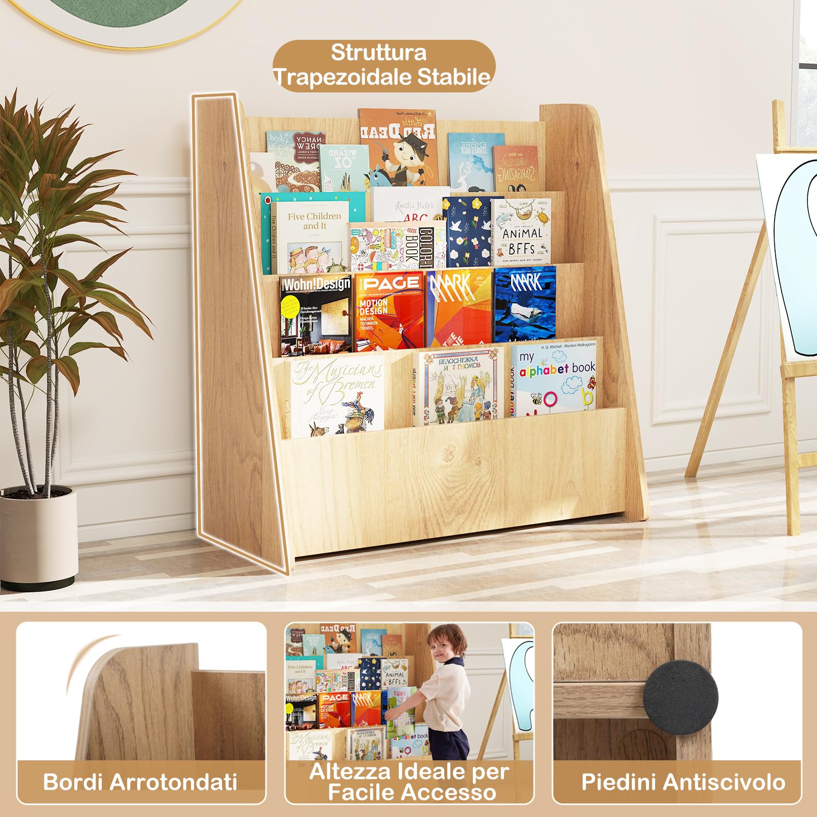 GYMAX Libreria per Bambini in Legno a 4 Ripiani, Scaffale per Libri con Ripiani Profondi, Espositore per Libri, per Cameretta dei Ragazzi, Soggiorno, Asilo Nido, 57,5 x 26,5 x 59 cm (Naturale)