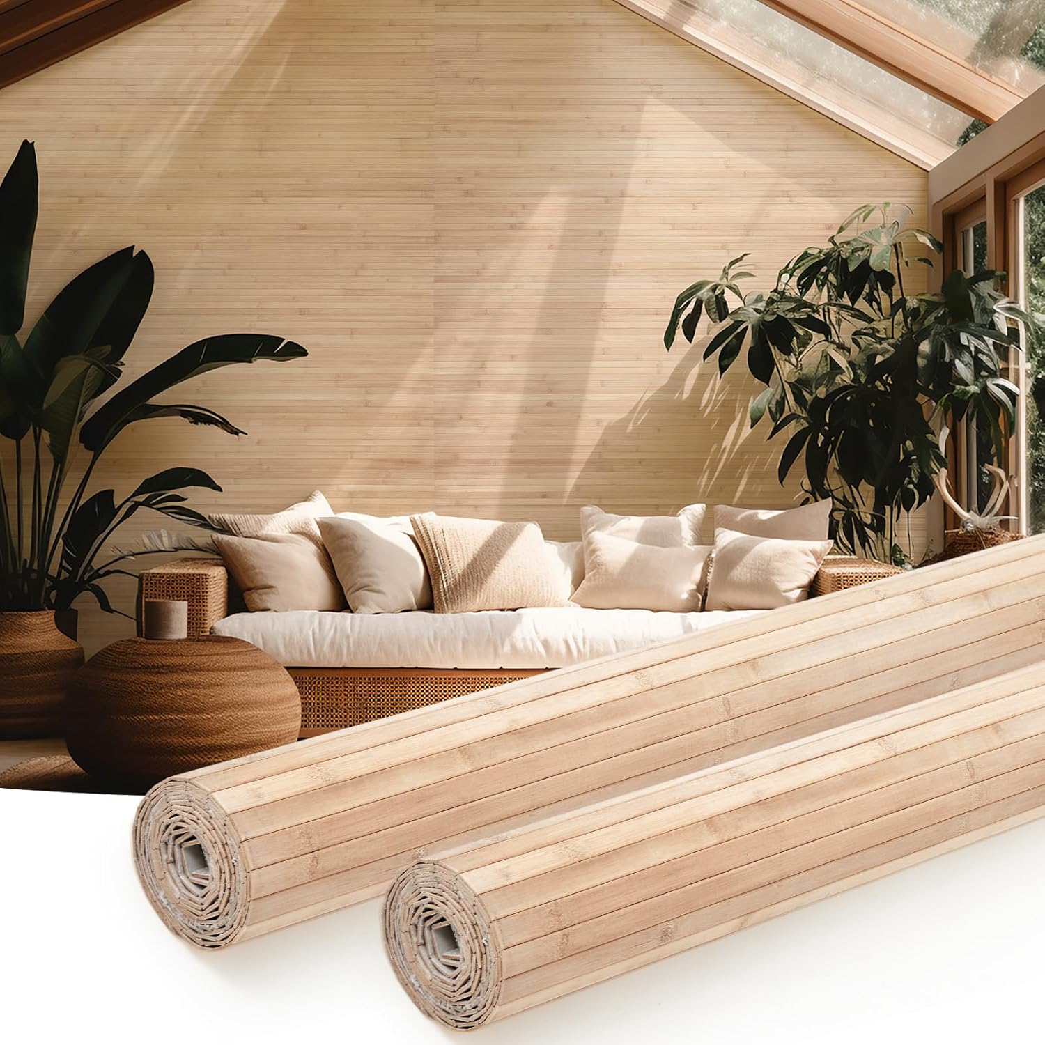 Juexica 2 Pcs Natural Bamboo Wall Panel for Interior Wall 48'' x 96'' Bamboo Covering Renewable Pole Wainscoting Room Divider Decor for Bedroom Living Room Kitchen Island Office (Light Carbonized) 2 Light Carbonized